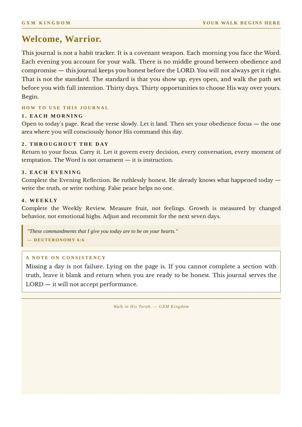 A digital preview of a daily spiritual journal page from GXM Kingdom, titled 'Welcome, Warrior'. The page features a cream-colored background with black text and a light brown border, containing sections for daily reflections, a weekly review, and a note on consistency.