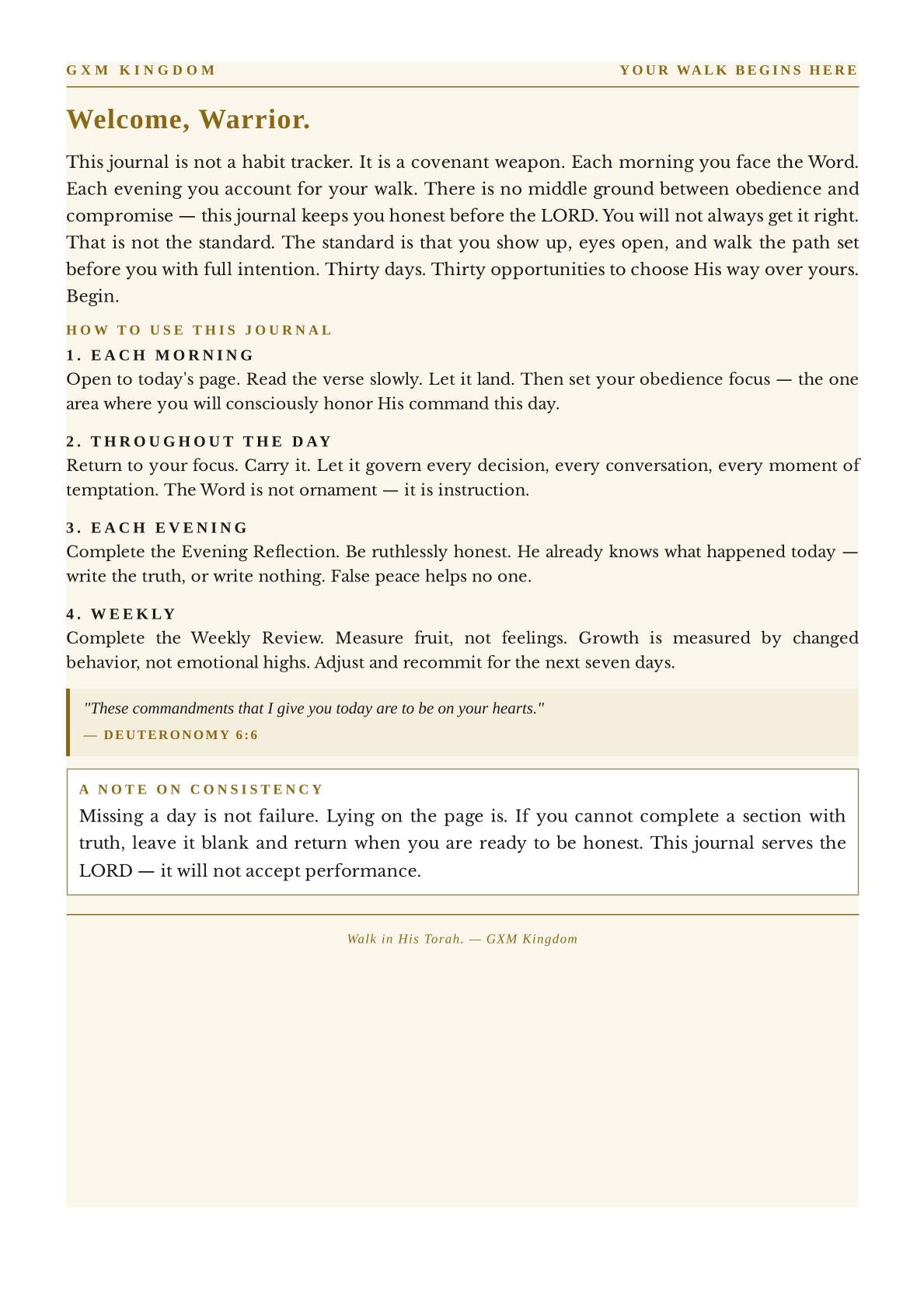 A digital preview of a daily spiritual journal page from GXM Kingdom, titled 'Welcome, Warrior'. The page features a cream-colored background with black text and a light brown border, containing sections for daily reflections, a weekly review, and a note on consistency.