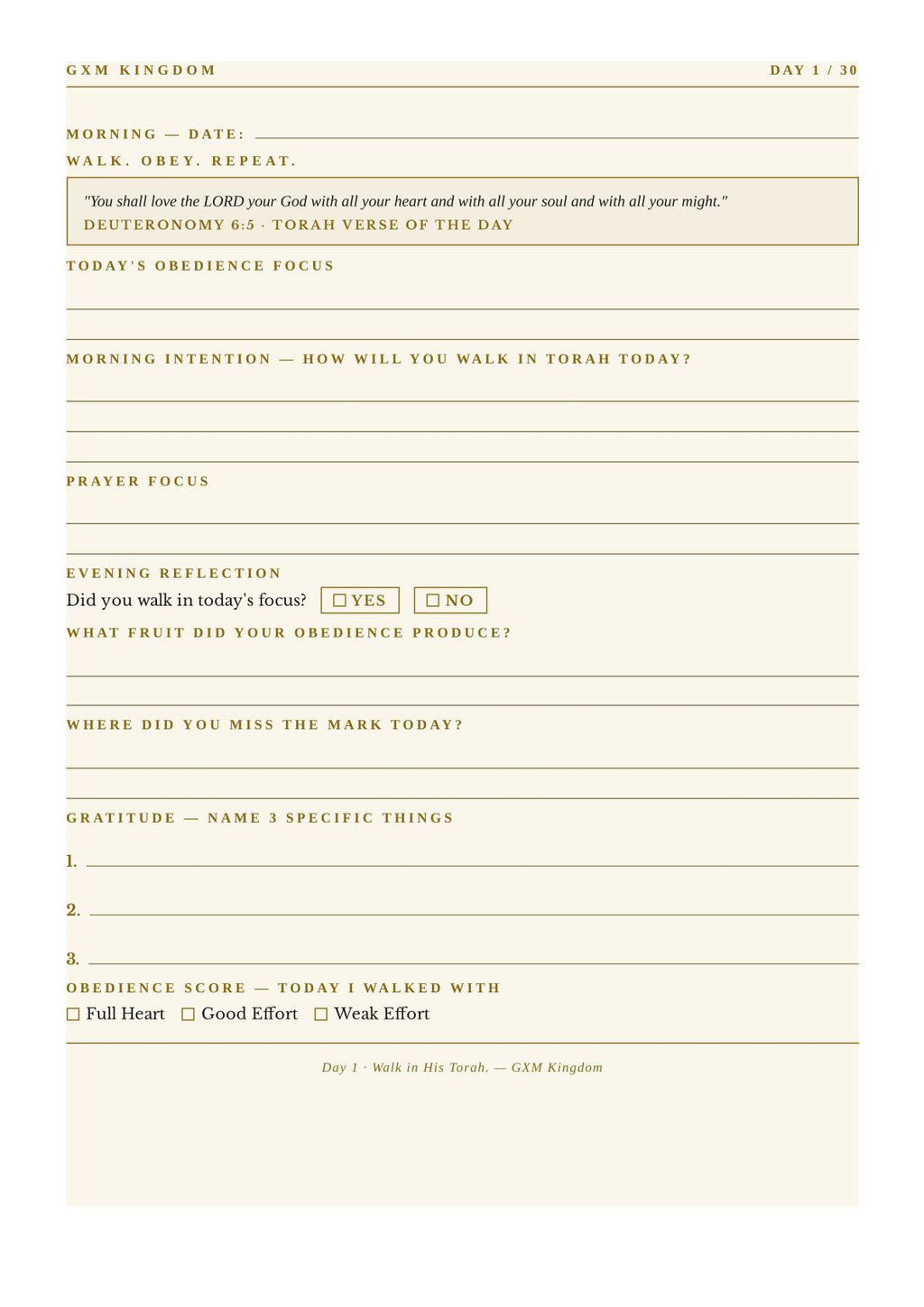 A daily habit tracker and reflection sheet from GXM Kingdom, featuring a warm beige background with printed lines and prompts for morning reflection, prayer focus, evening reflection, gratitude, and a self-assessment score at the bottom.