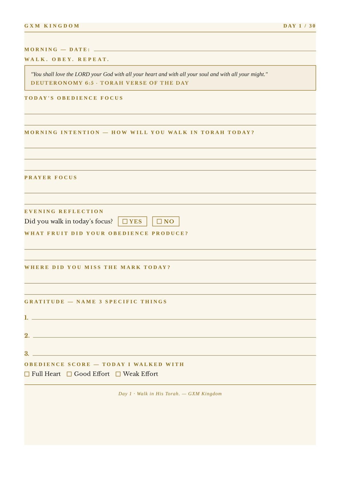 A daily habit tracker and reflection sheet from GXM Kingdom, featuring a warm beige background with printed lines and prompts for morning reflection, prayer focus, evening reflection, gratitude, and a self-assessment score at the bottom.