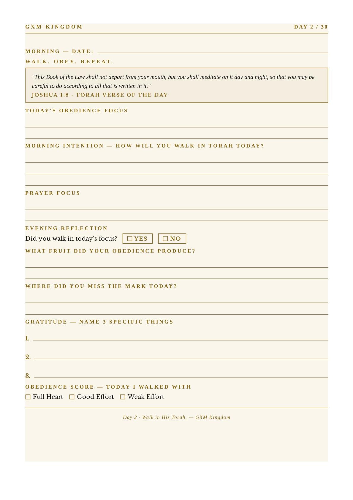 A daily spiritual reflection card from GXM Kingdom, featuring a warm beige background with printed text prompts, a quote from Joshua 8:14, and checkboxes for morning and evening reflection.