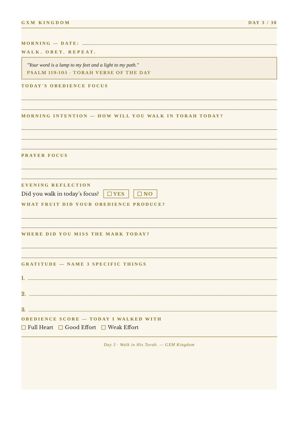 A daily habit tracker and prayer journal page from GXM Kingdom, featuring a warm beige background with printed text and checkboxes for morning reflection, evening reflection, gratitude, and a obedience score.