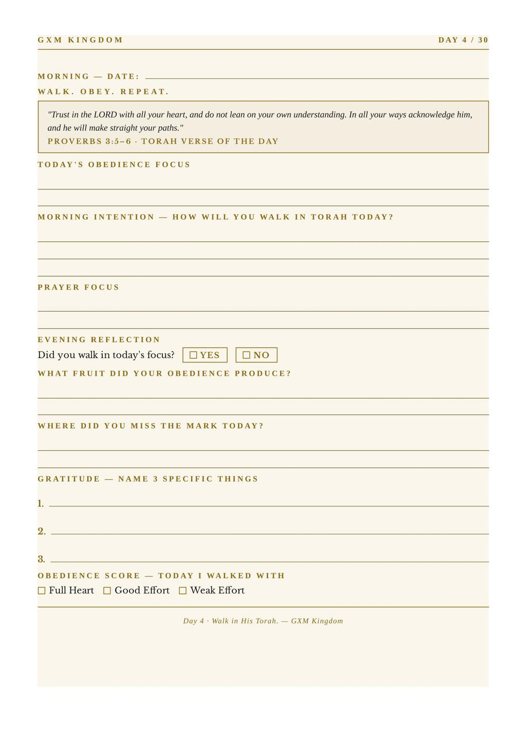 A printed daily devotional or journal page from GXM Kingdom, titled 'Day 4 / 30', with lined sections for morning reflection, prayer focus, evening reflection, gratitude, and an obedience score, shown on a light beige background.