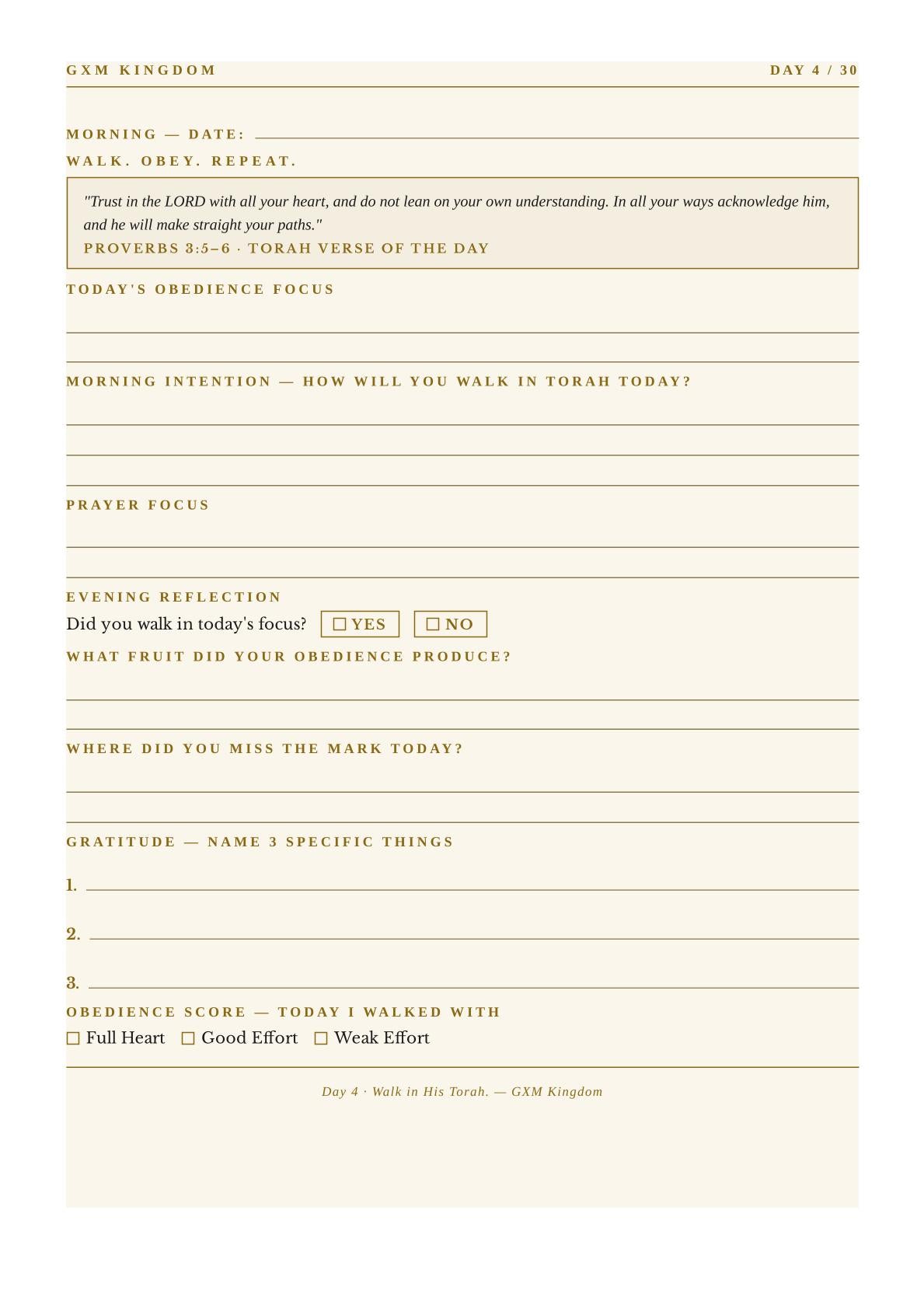 A printed daily devotional or journal page from GXM Kingdom, titled 'Day 4 / 30', with lined sections for morning reflection, prayer focus, evening reflection, gratitude, and an obedience score, shown on a light beige background.