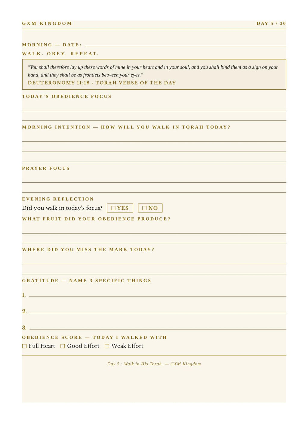 A digital preview of a printable daily Torah obligation worksheet titled 'GXM KINGDOM DAY 3 / 30'. The page features a warm cream background with light tan horizontal lines and black text prompts for morning reflection, prayer focus, evening reflection, and gratitude.