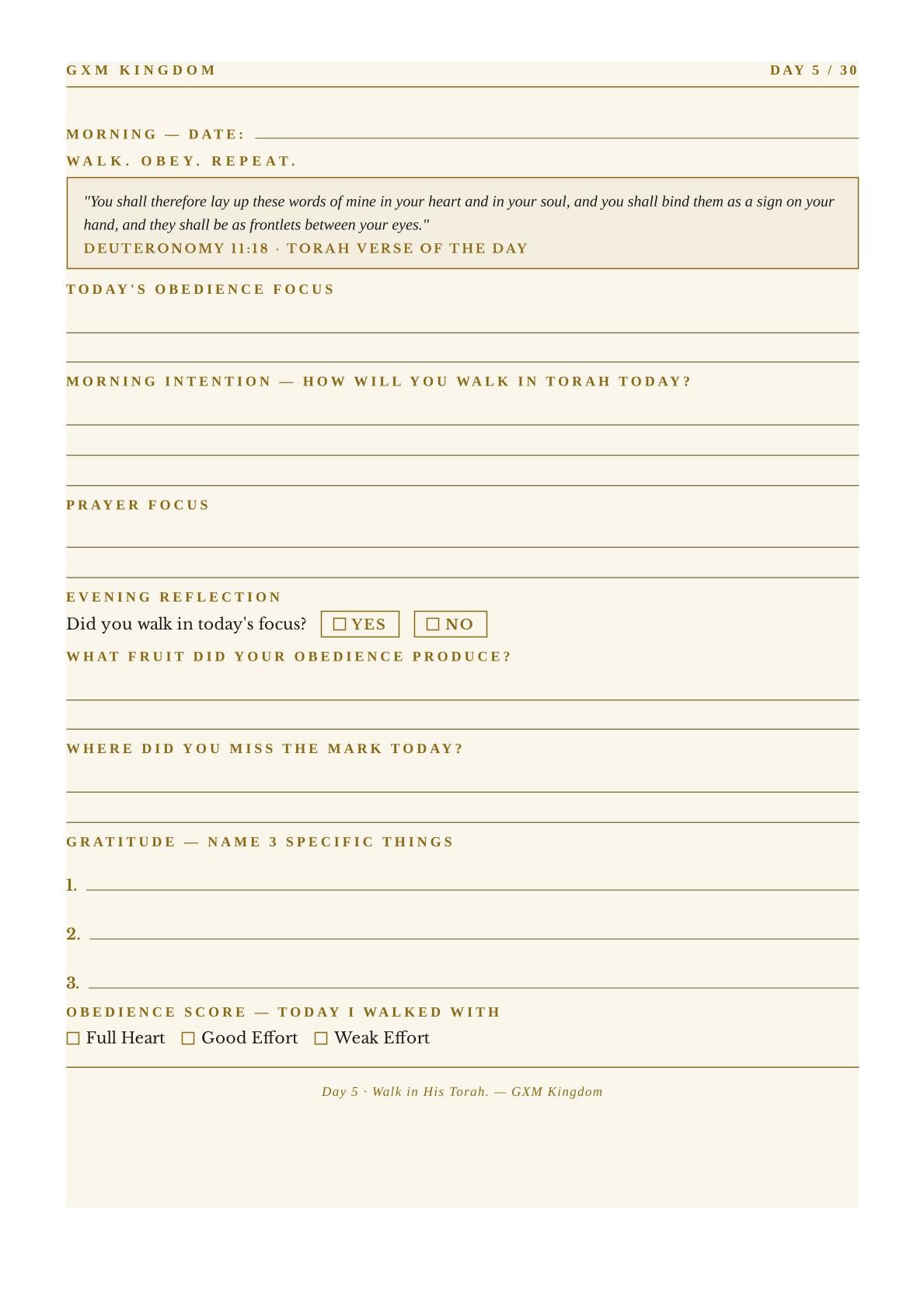 A digital preview of a printable daily Torah obligation worksheet titled 'GXM KINGDOM DAY 3 / 30'. The page features a warm cream background with light tan horizontal lines and black text prompts for morning reflection, prayer focus, evening reflection, and gratitude.