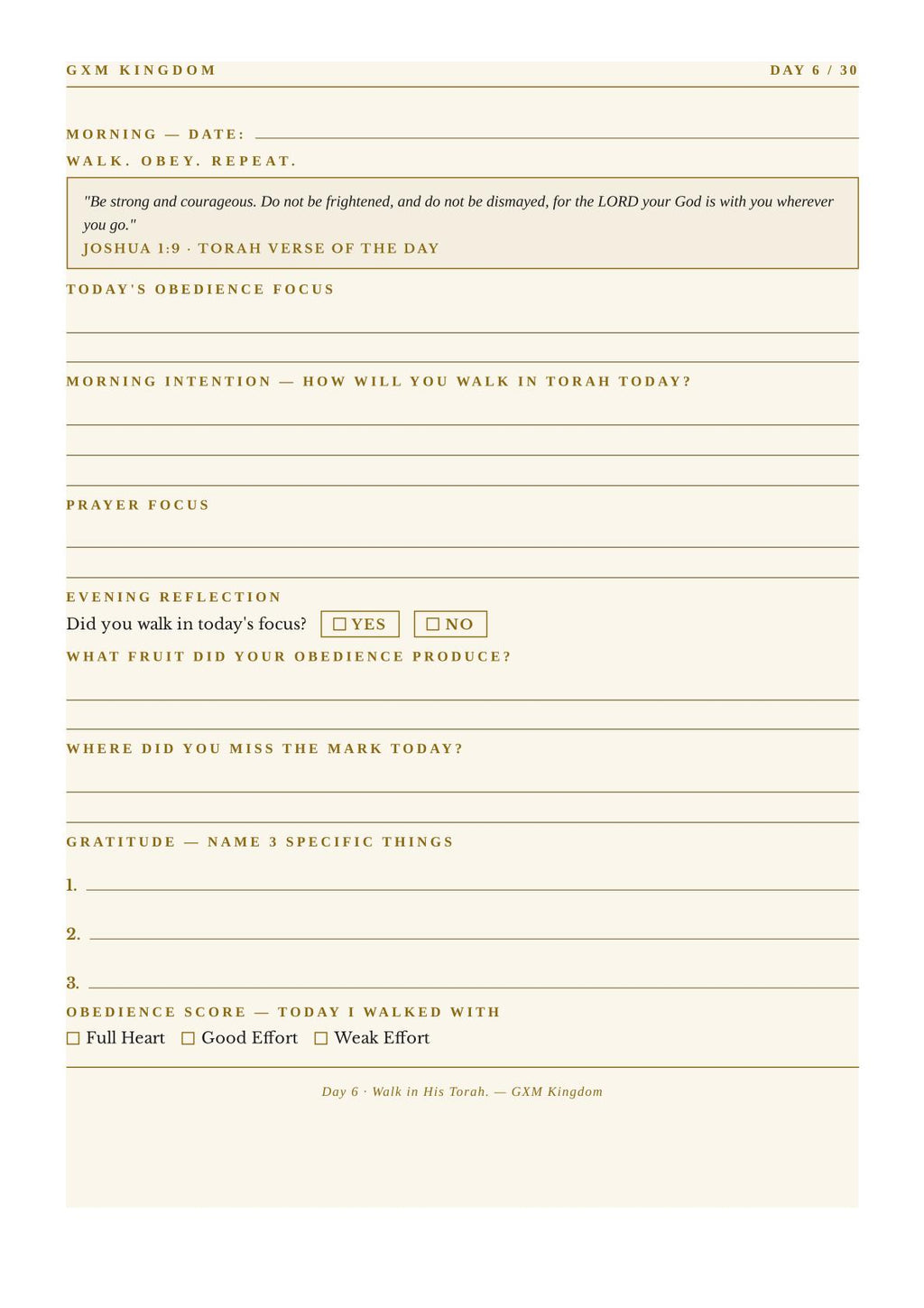 A printed daily reflection and obedience journal page with tan lines and text on a white background. The page includes sections for morning date, prayer focus, evening reflection, gratitude, and an obedience score, with the heading 'GXM KINGDOM' and 'DAY 6 / 30'.