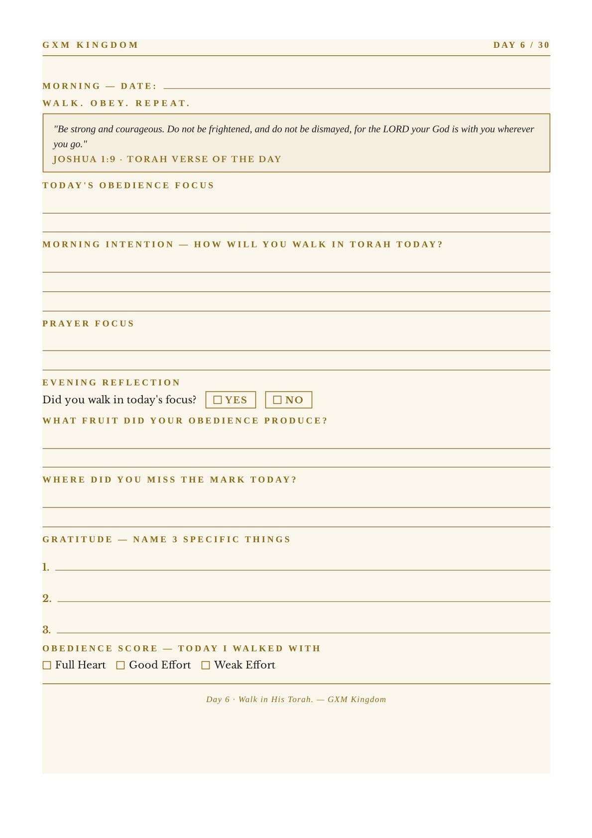 A printed daily reflection and obedience journal page with tan lines and text on a white background. The page includes sections for morning date, prayer focus, evening reflection, gratitude, and an obedience score, with the heading 'GXM KINGDOM' and 'DAY 6 / 30'.
