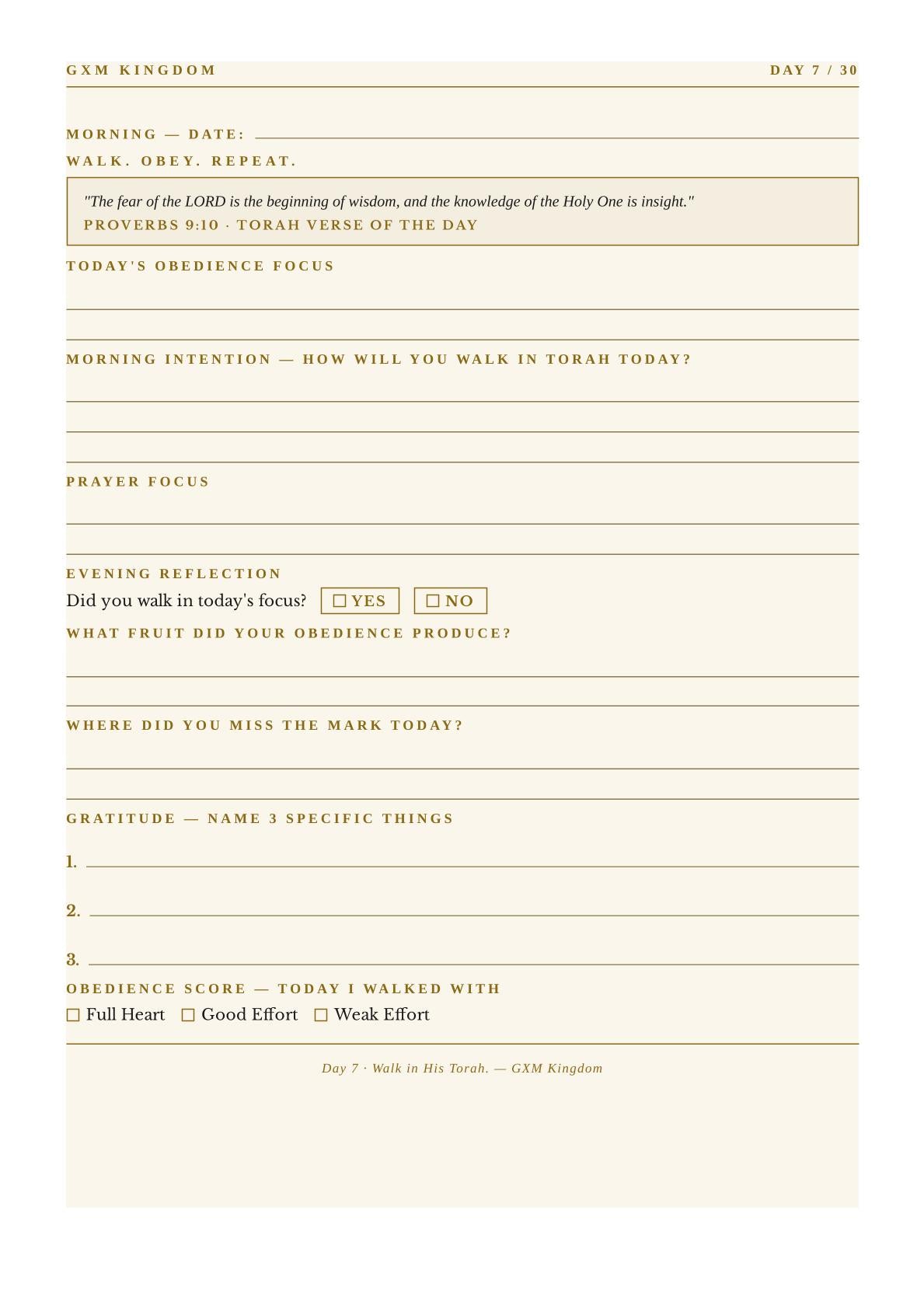 A daily reflection and obedience journal page from GXM Kingdom, featuring a warm cream background with black printed text and thin brown guide lines for writing.
