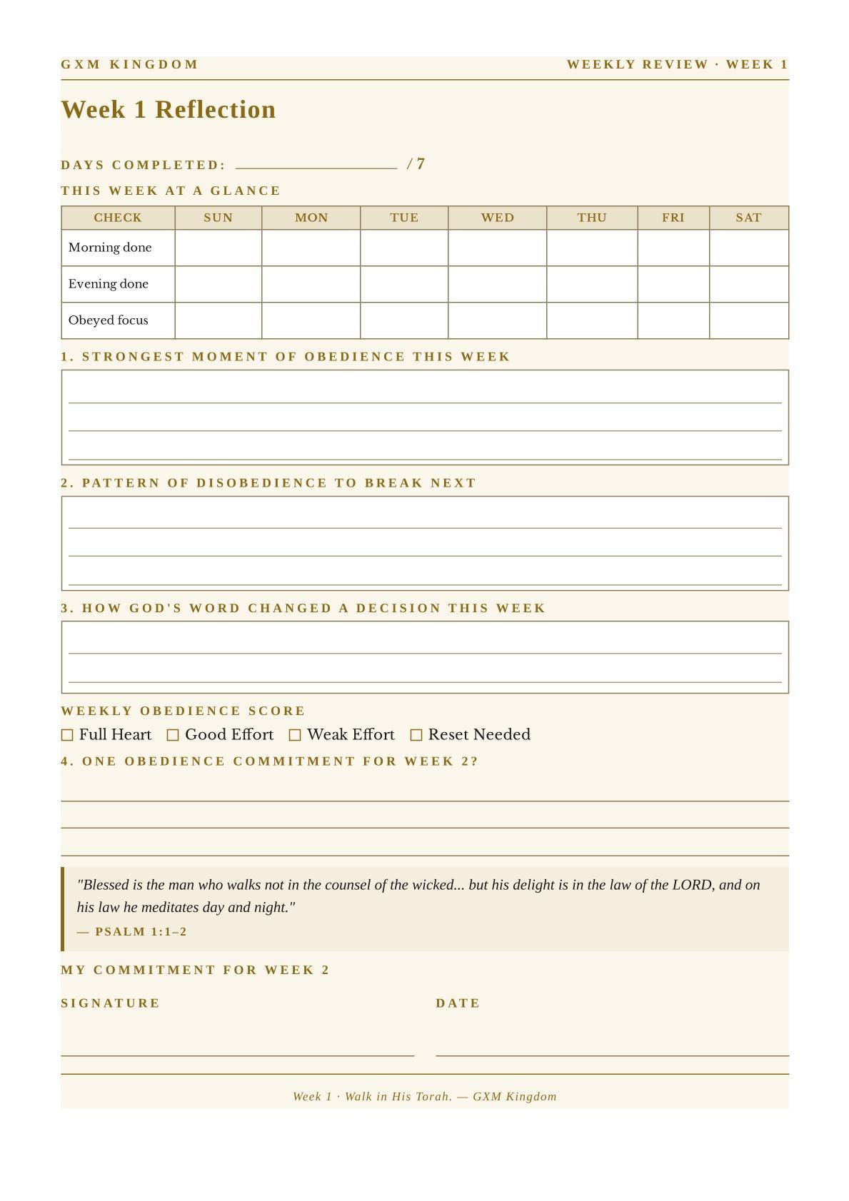 A weekly reflection and accountability planner page from GXM Kingdom, featuring a 'Week 1 Reflection' template with fields for daily time tracking, prompts for spiritual growth, and a commitment section for Week 2.