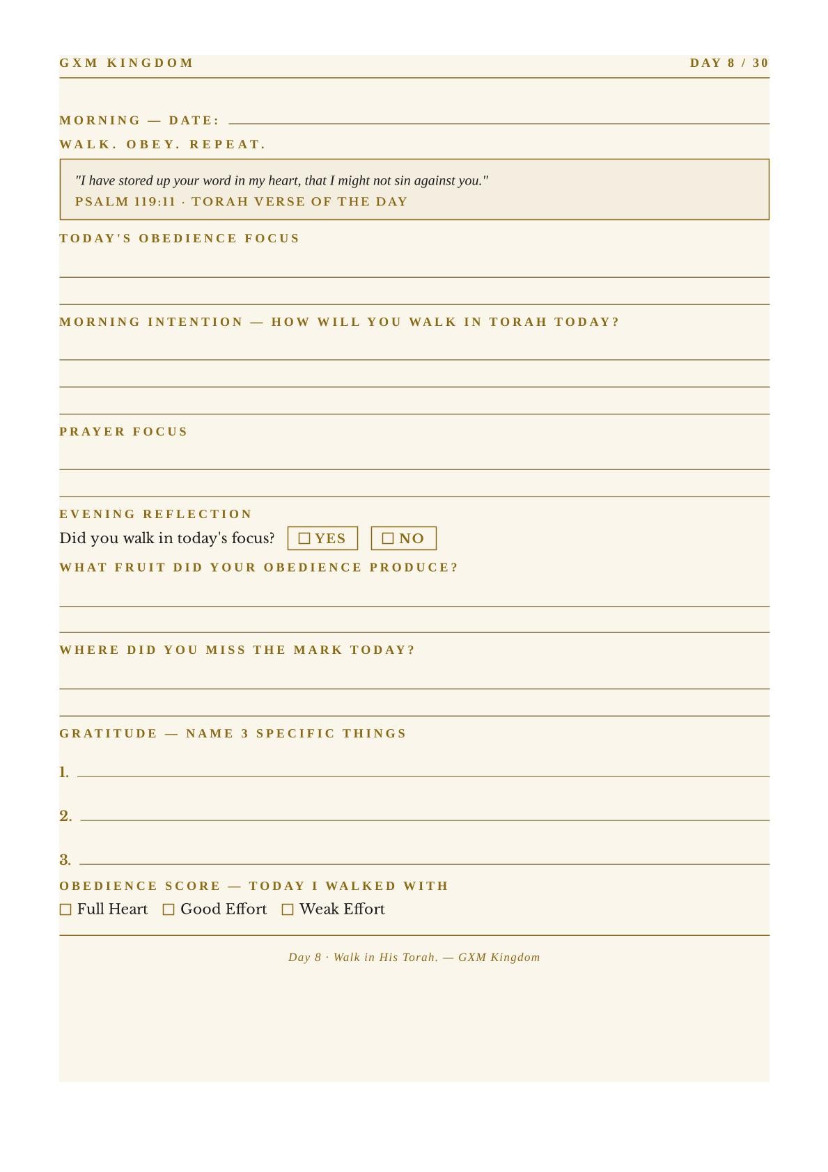 A daily reflection and obedience journal page from GXM Kingdom, featuring a warm beige background with light tan horizontal lines and black text prompts for morning reflection, prayer focus, evening reflection, gratitude, and obedience scoring.