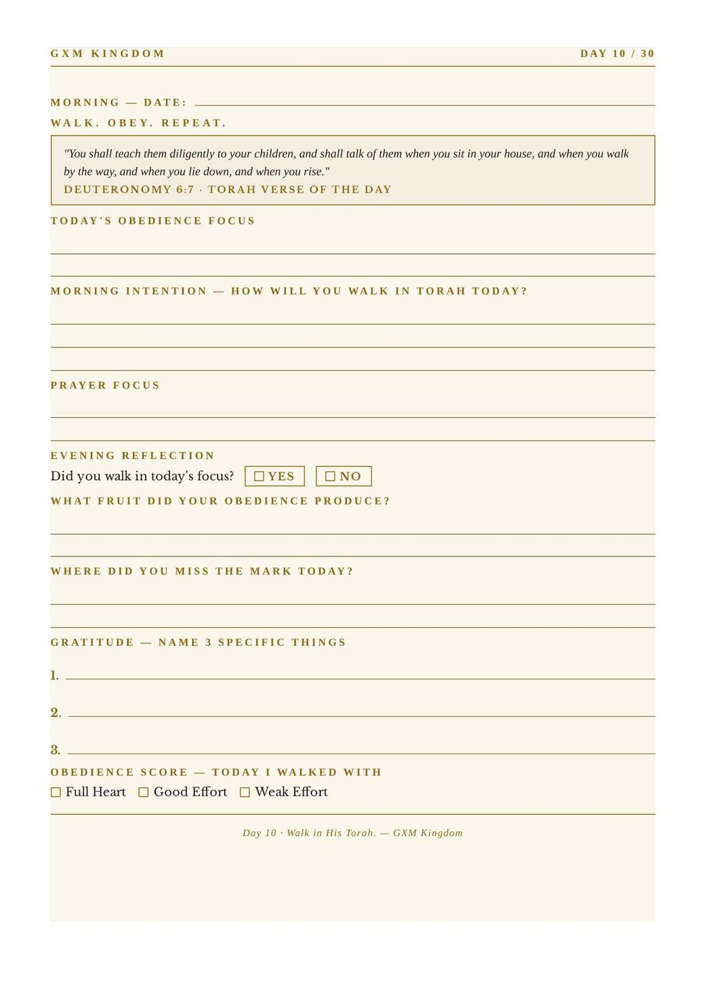 A beige printable daily reflection and obedience tracking sheet from GXM Kingdom, featuring lined sections for morning reflection, prayer focus, evening reflection, and gratitude with checkboxes and short answer prompts.