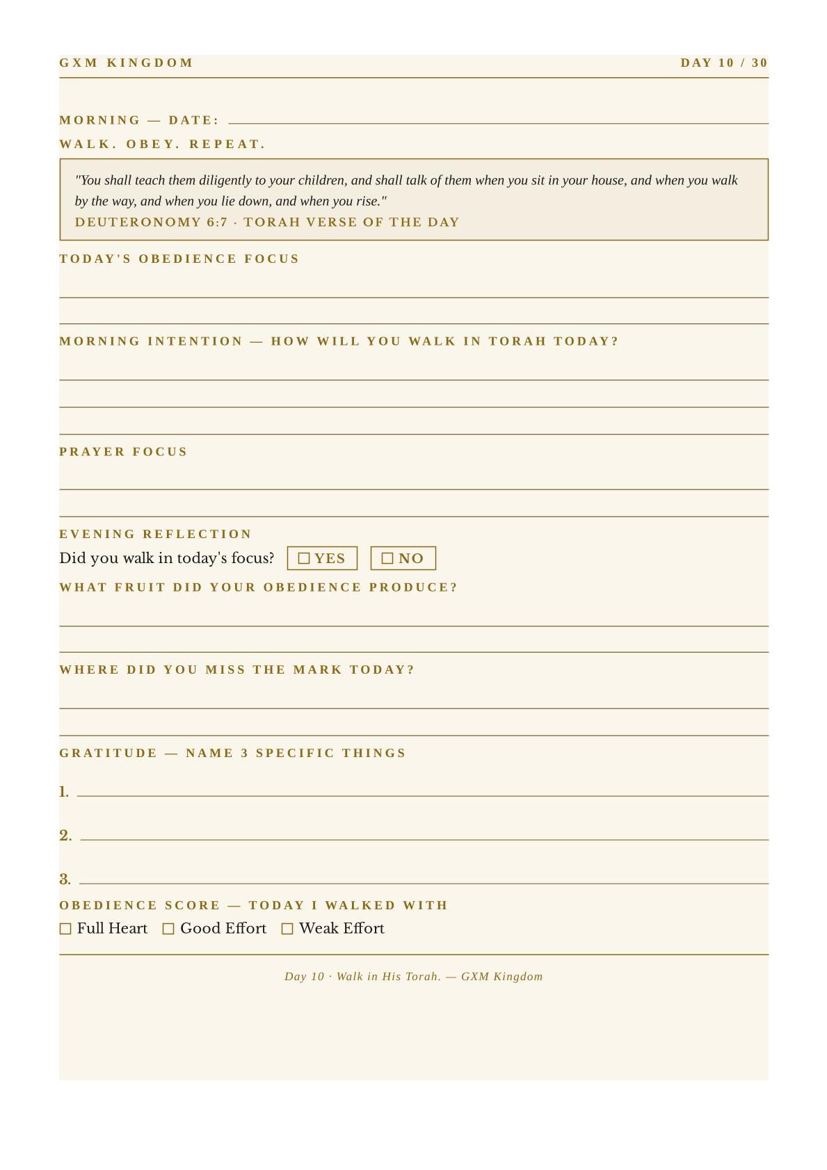 A beige printable daily reflection and obedience tracking sheet from GXM Kingdom, featuring lined sections for morning reflection, prayer focus, evening reflection, and gratitude with checkboxes and short answer prompts.
