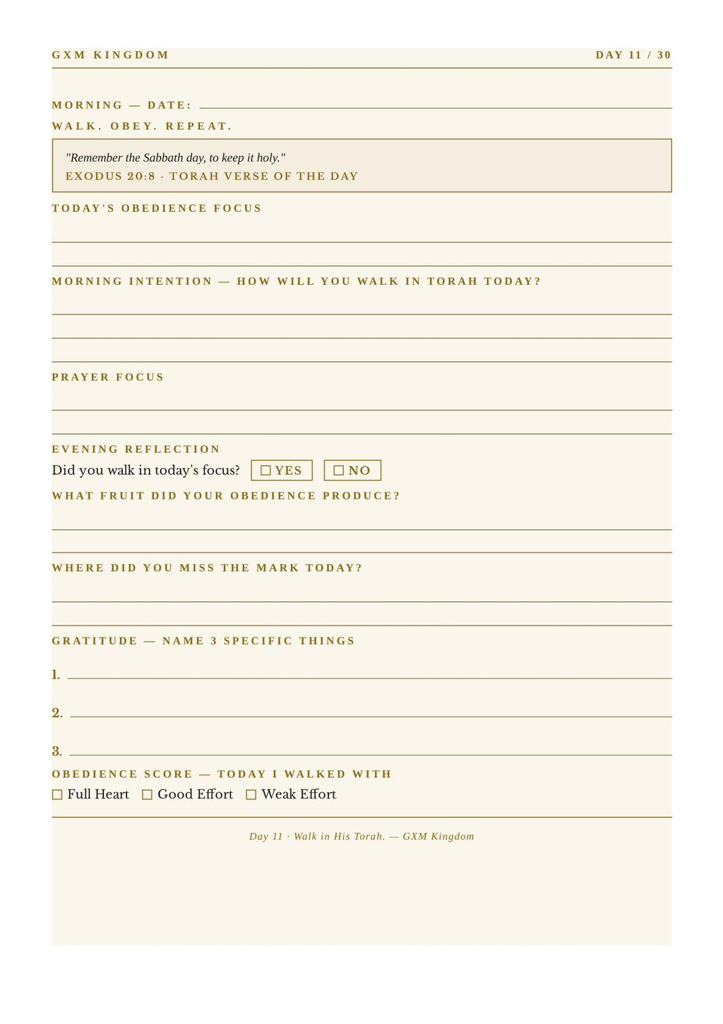 A beige daily habit tracker and prayer journal page from GXM Kingdom, featuring lined sections for morning reflection, prayer focus, evening reflection, gratitude, and a obedience score with checkboxes.
