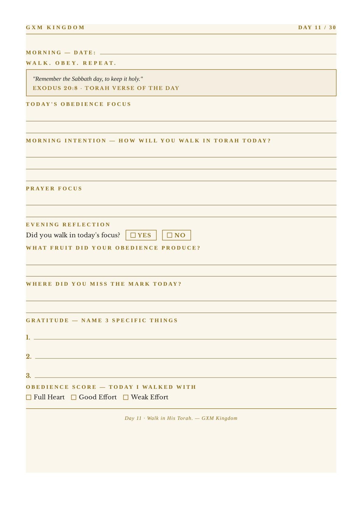 A beige daily habit tracker and prayer journal page from GXM Kingdom, featuring lined sections for morning reflection, prayer focus, evening reflection, gratitude, and a obedience score with checkboxes.