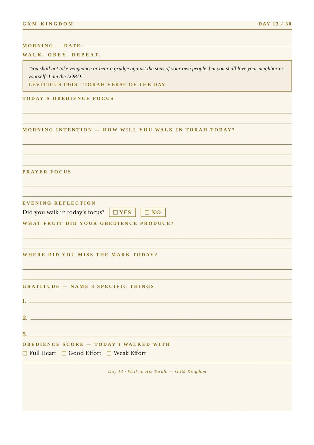 A printed daily devotional or journal page with lined sections and prompts for morning reflection, prayer focus, evening reflection, gratitude, and obedience scoring. The page has a warm cream background with tan text and border lines.