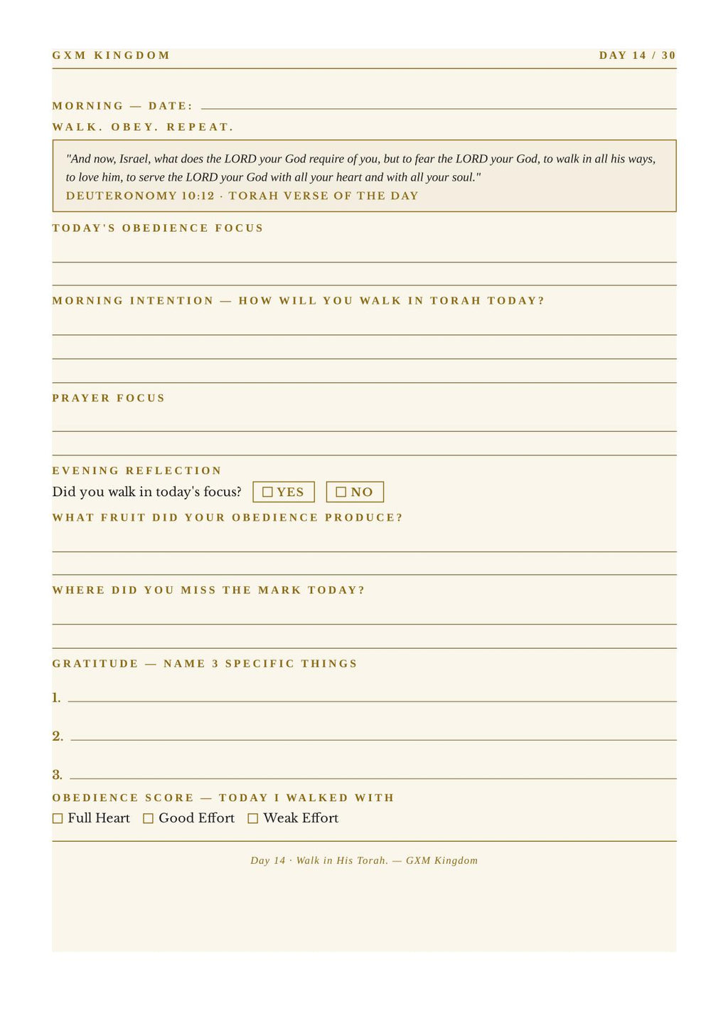 A daily devotional worksheet page titled 'GXM KINGDOM DAY 14 / 30' with lined sections for morning reflection, prayer focus, evening reflection, gratitude, and an obedience score, printed in black on a warm beige paper background.