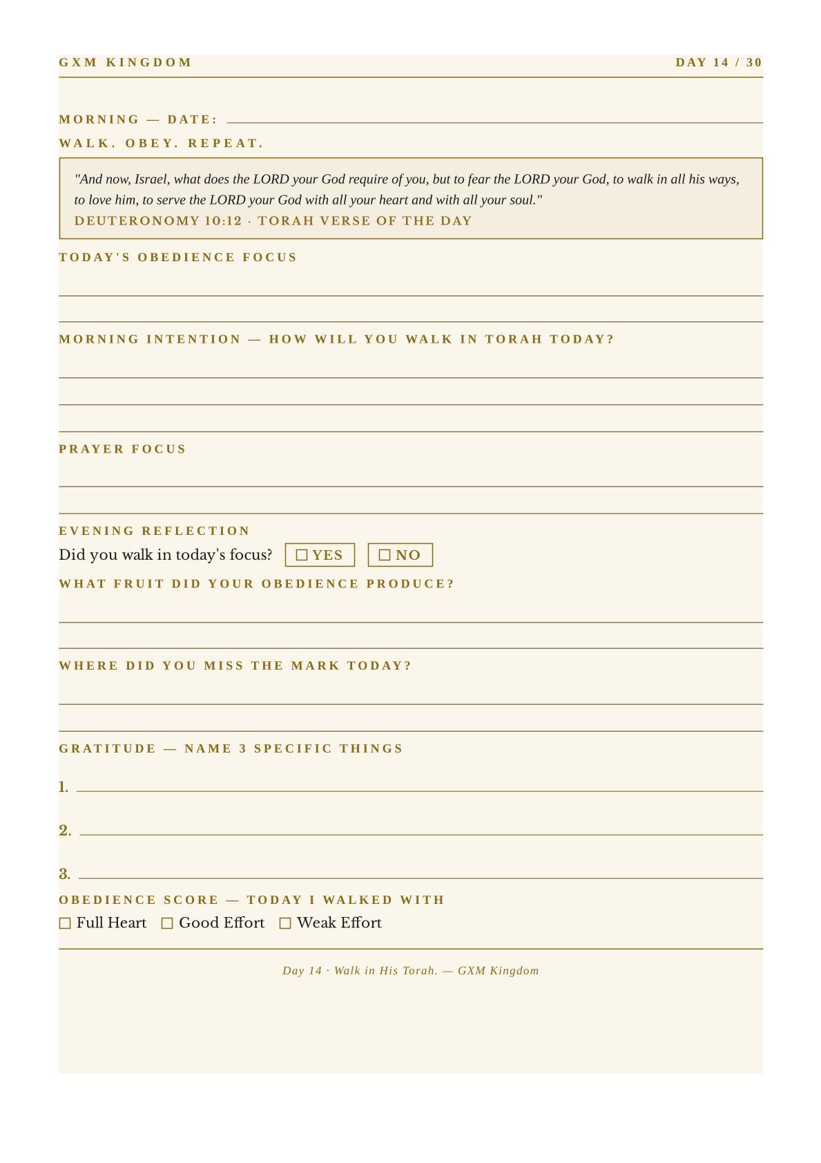 A daily devotional worksheet page titled 'GXM KINGDOM DAY 14 / 30' with lined sections for morning reflection, prayer focus, evening reflection, gratitude, and an obedience score, printed in black on a warm beige paper background.