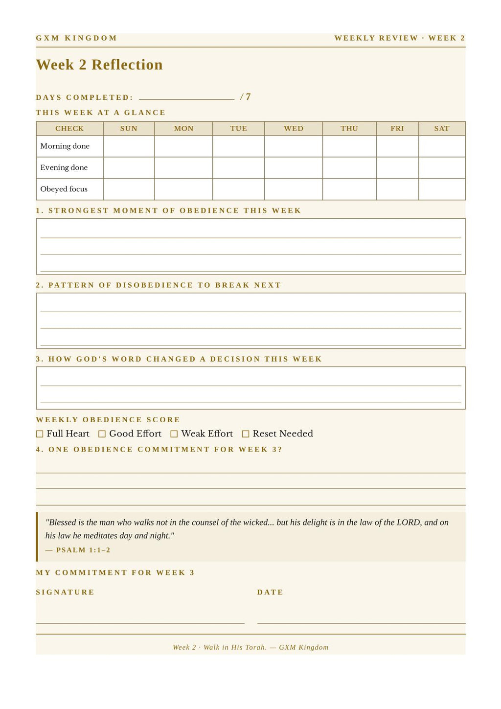 A weekly reflection worksheet page titled 'Week 2 Reflection' with fields for date completion, a weekly habit checklist, prompts for moments of obedience and patterns of disobedience, a weekly obedience score, a scripture quote, and signature lines. The page has a warm cream background with tan and dark brown text and lines.