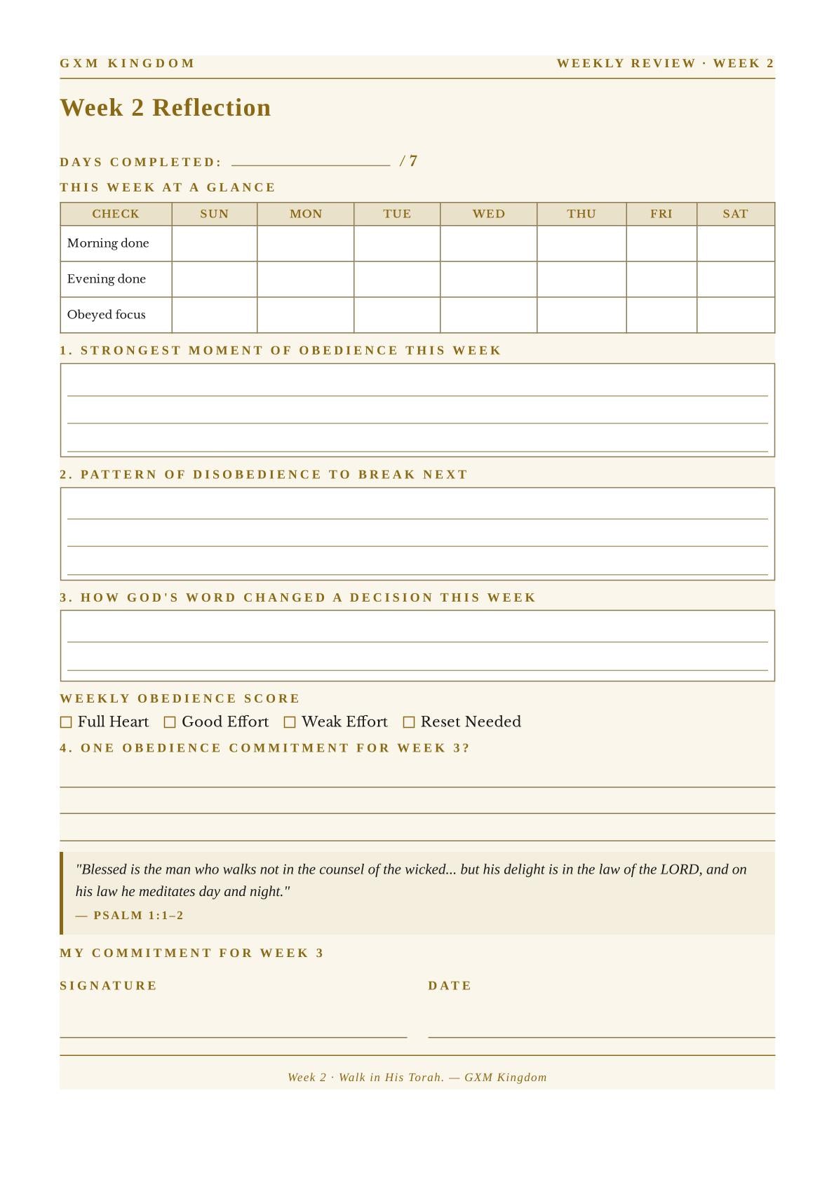 A weekly reflection worksheet page titled 'Week 2 Reflection' with fields for date completion, a weekly habit checklist, prompts for moments of obedience and patterns of disobedience, a weekly obedience score, a scripture quote, and signature lines. The page has a warm cream background with tan and dark brown text and lines.