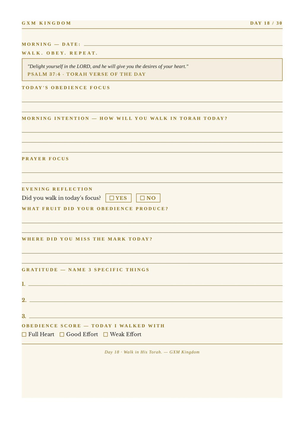 A daily Torah reflection sheet from GXM Kingdom, featuring a warm beige background with printed lines and prompts for morning and evening reflection, prayer focus, gratitude, and a obedience score.