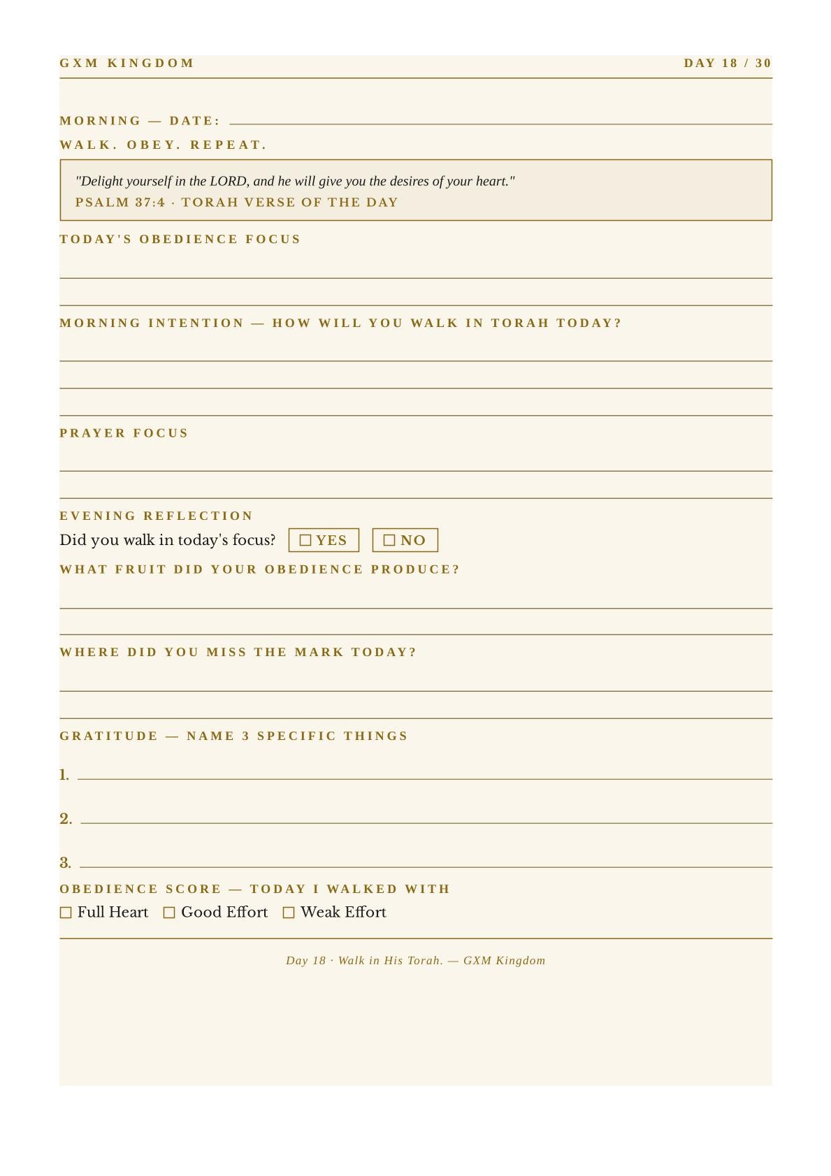 A daily Torah reflection sheet from GXM Kingdom, featuring a warm beige background with printed lines and prompts for morning and evening reflection, prayer focus, gratitude, and a obedience score.