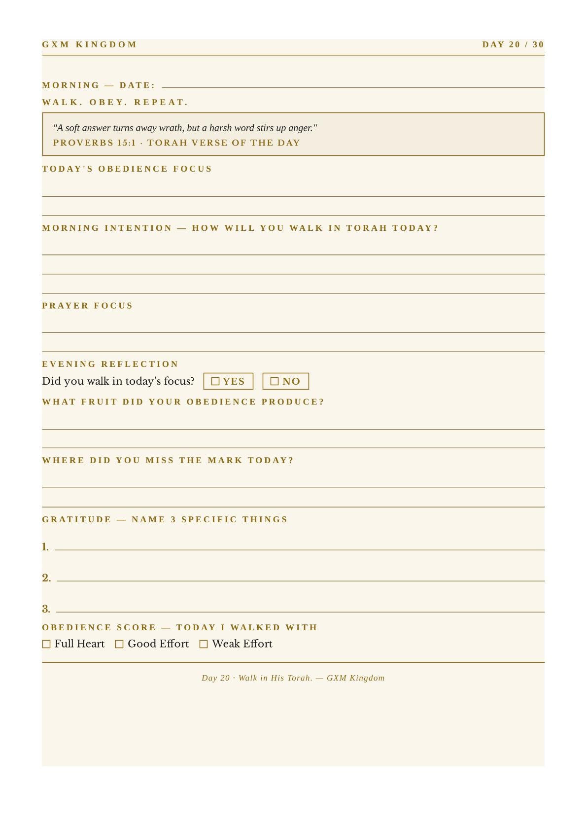 A daily habit tracker card from GXM Kingdom, featuring a minimalist beige and white design with lined sections for morning reflection, prayer focus, evening reflection, gratitude, and a scored obedience assessment.