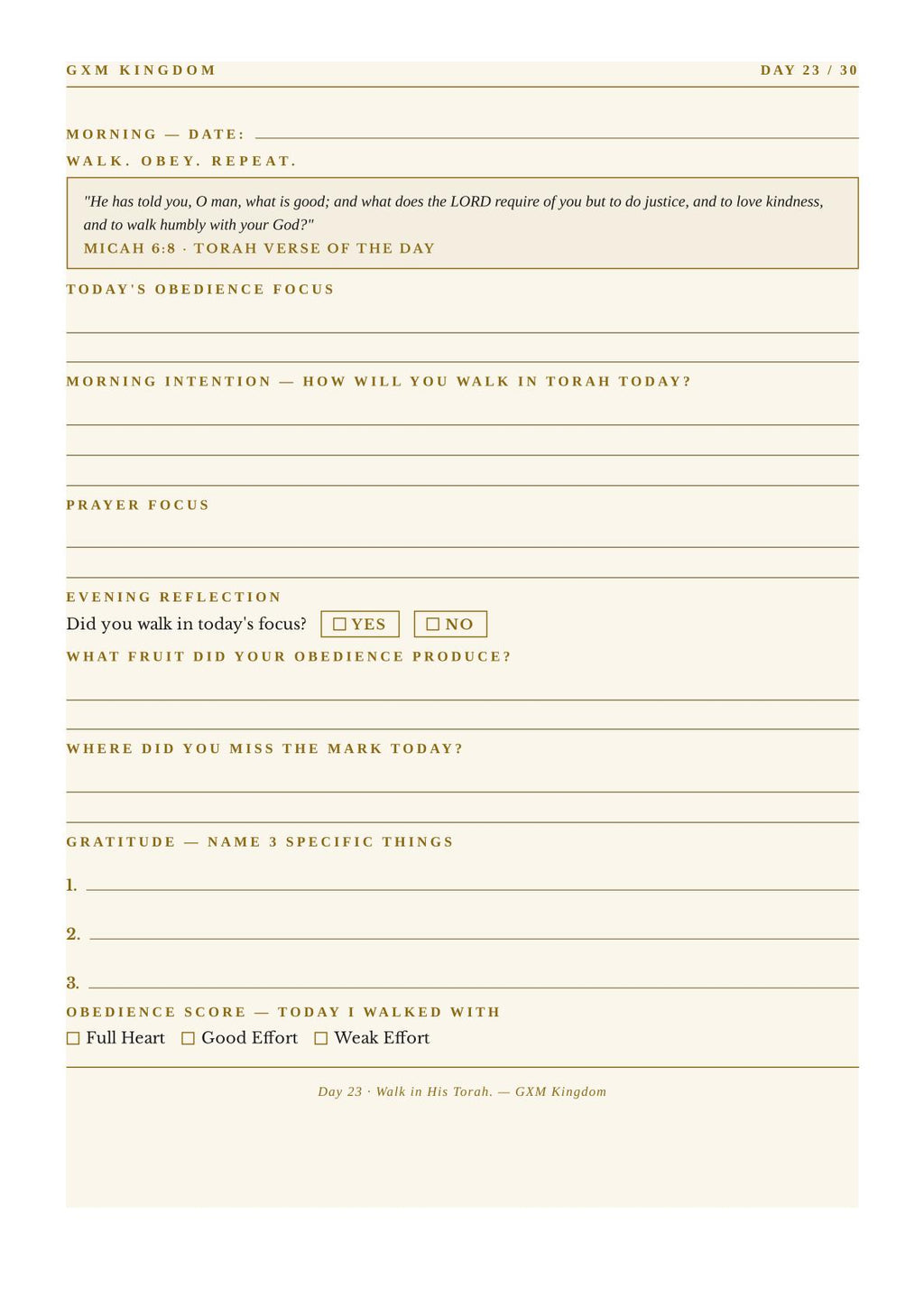 A flat-lay photograph of a GXM KINGDOM daily devotional card, specifically Day 23, featuring printed text and reflection prompts on a cream-colored background with a thin beige border.