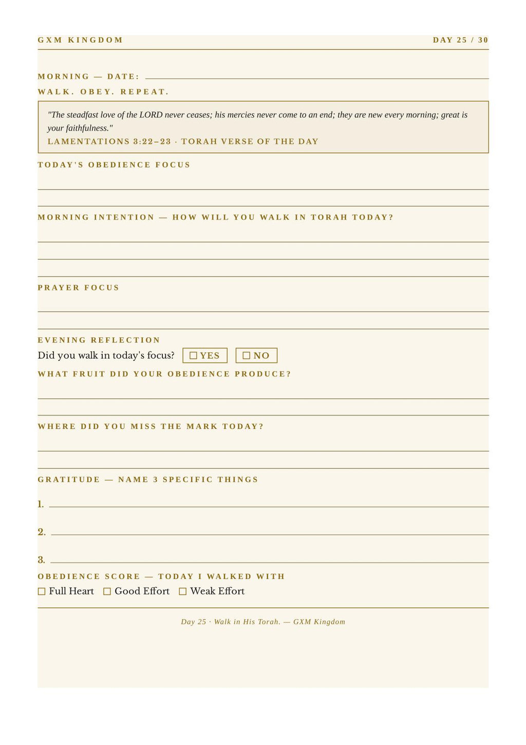 A printed daily Torah reflection sheet with a warm beige background and black text and lines. The page includes sections for morning date, morning intention, prayer focus, evening reflection with yes/no choices, where to miss the mark, gratitude lists, and an obedience score, branded at the top as GXM KINGDOM.