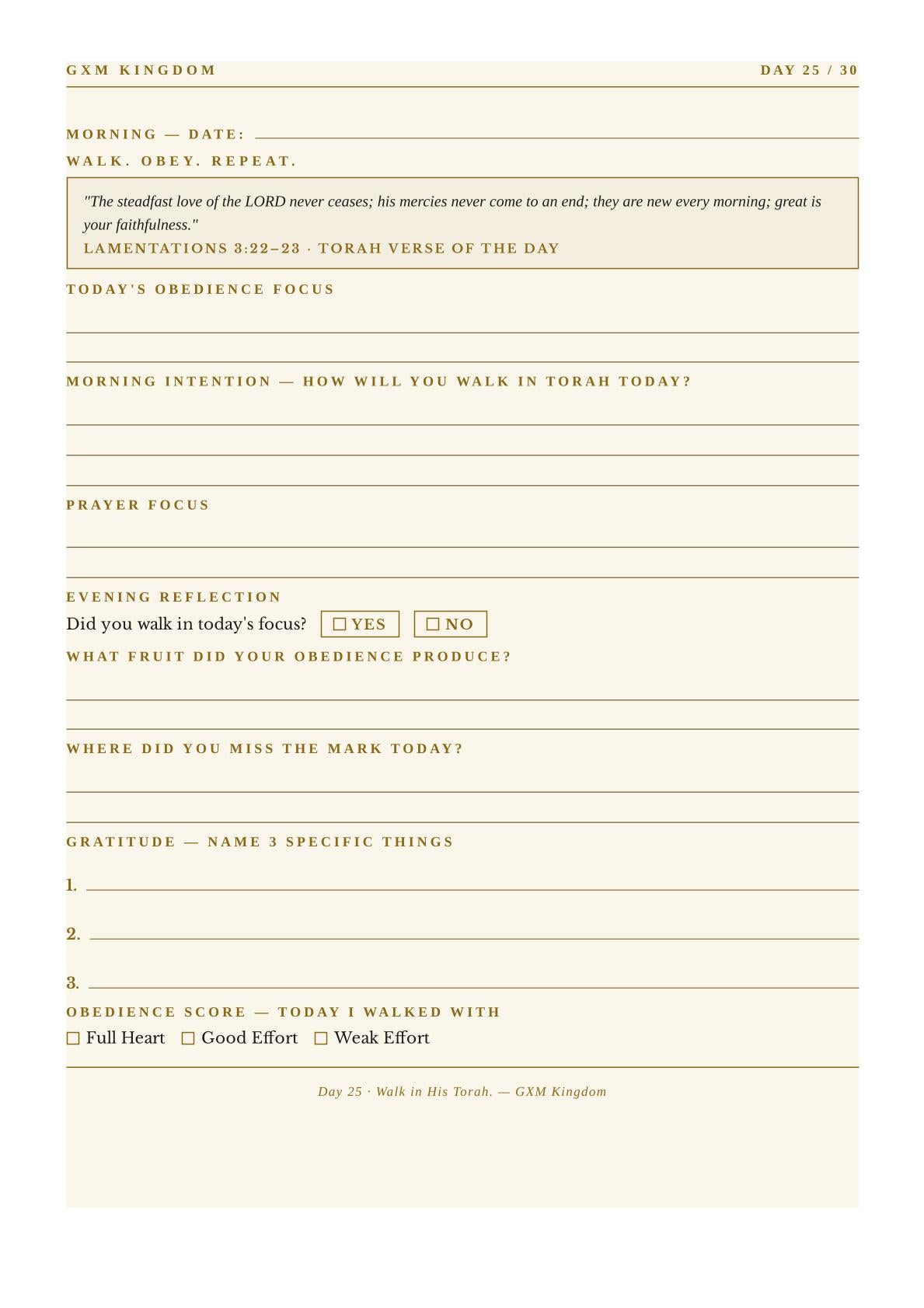 A printed daily Torah reflection sheet with a warm beige background and black text and lines. The page includes sections for morning date, morning intention, prayer focus, evening reflection with yes/no choices, where to miss the mark, gratitude lists, and an obedience score, branded at the top as GXM KINGDOM.