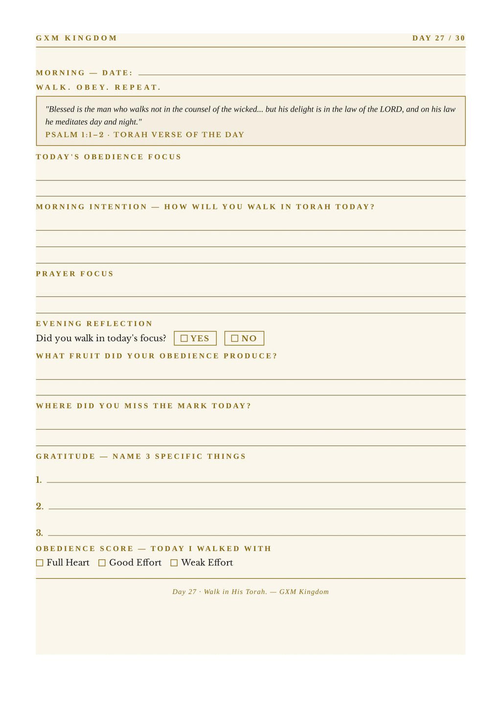 A printed daily obedience journal page with lined sections and prompts for reflection, dated Day 27 of 30, featuring a warm beige background and black text.