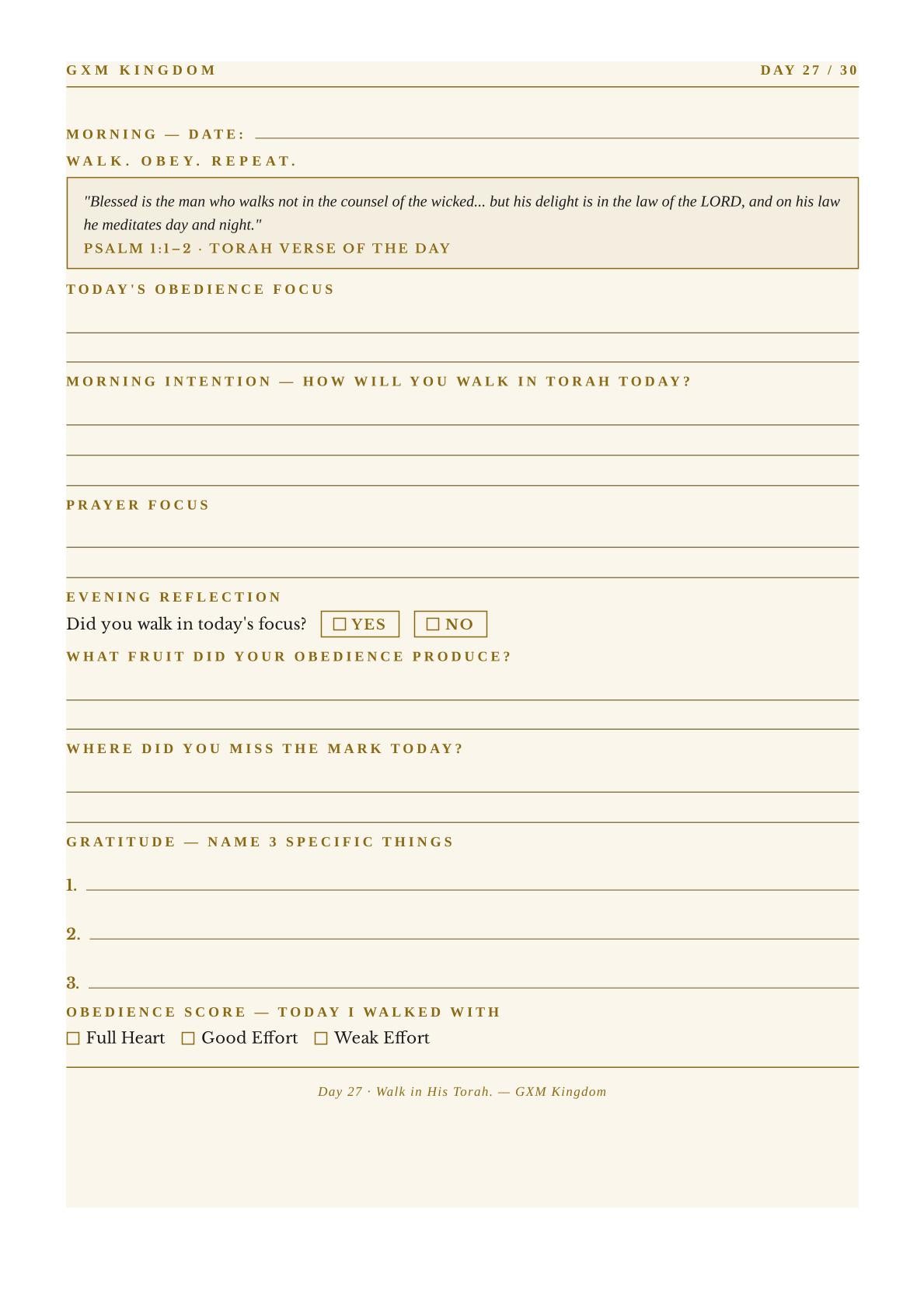 A printed daily obedience journal page with lined sections and prompts for reflection, dated Day 27 of 30, featuring a warm beige background and black text.