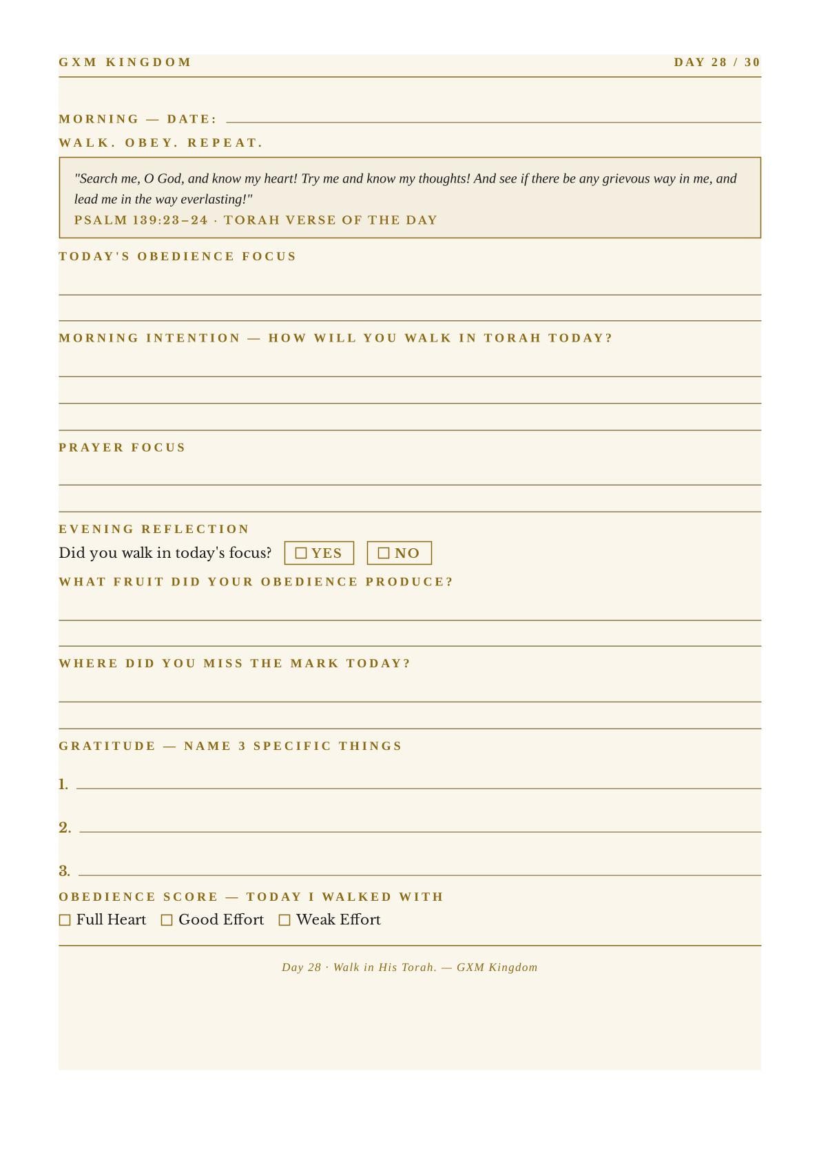A beige and white printable daily Torah study guide from GXM Kingdom, featuring sections for morning reflection, prayer focus, evening reflection, and gratitude.