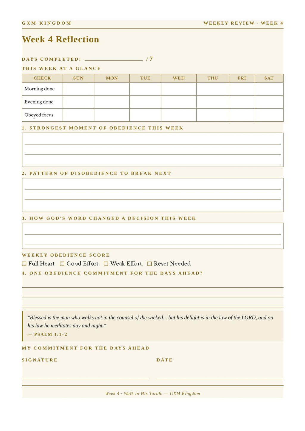 A weekly reflection journal page titled 'GXM KINGDOM WEEKLY REVIEW - WEEK 4' with fields for daily time review, a strong moment of obedience, pattern of disobedience, how God's word changed a decision, weekly obedience score, and a commitment section at the bottom.