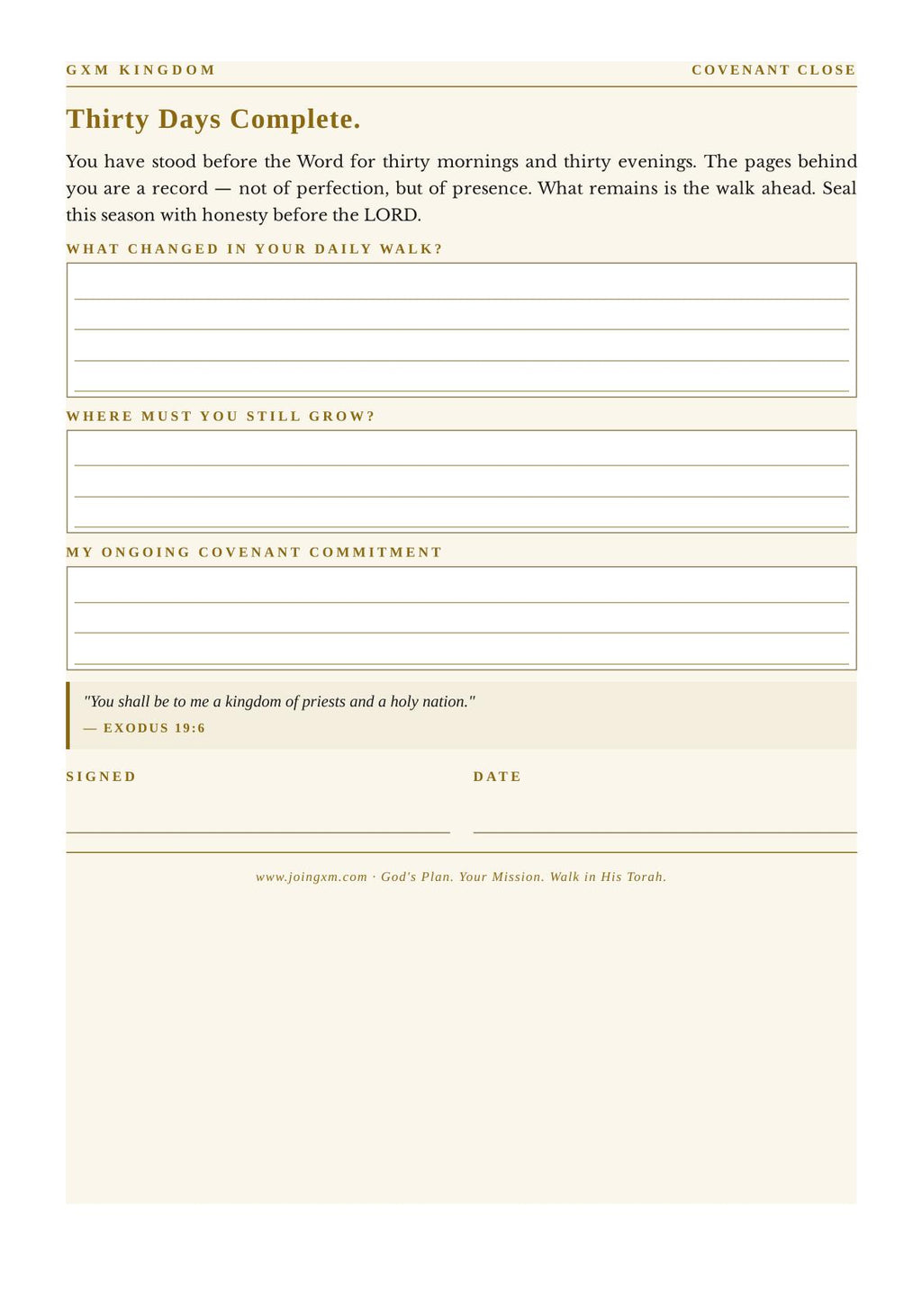A printable daily covenant reflection sheet titled 'Thirty Days Complete' with text prompts and lined writing areas on a warm cream background.
