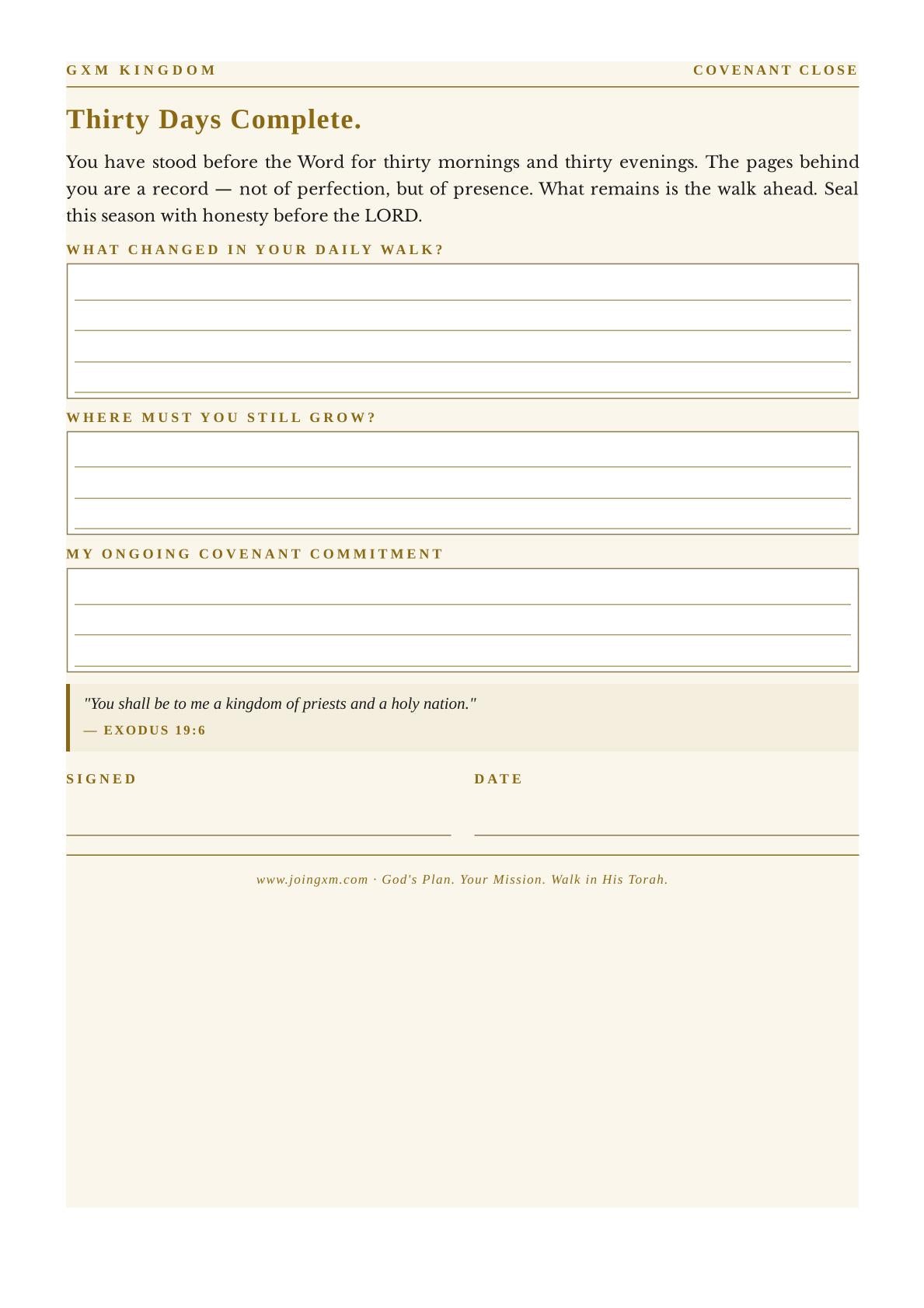 A printable daily covenant reflection sheet titled 'Thirty Days Complete' with text prompts and lined writing areas on a warm cream background.
