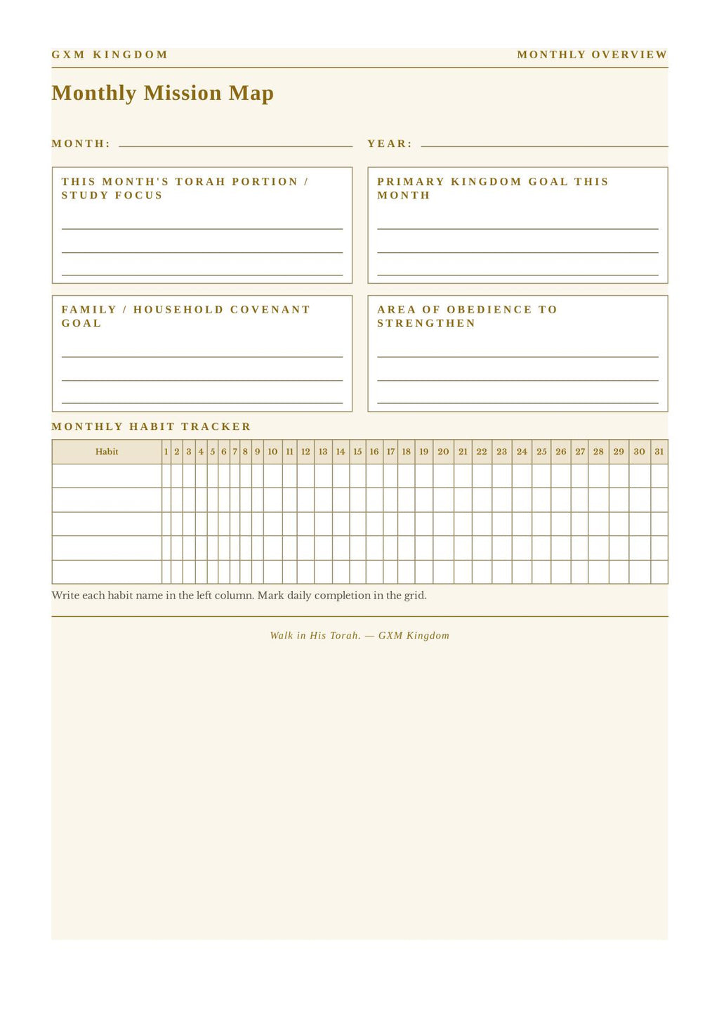 A printable monthly mission map worksheet with labeled boxes for month, year, Torah portion, primary kingdom goal, family household covenant, and area of obedience to strengths, plus a habit tracker grid at the bottom.