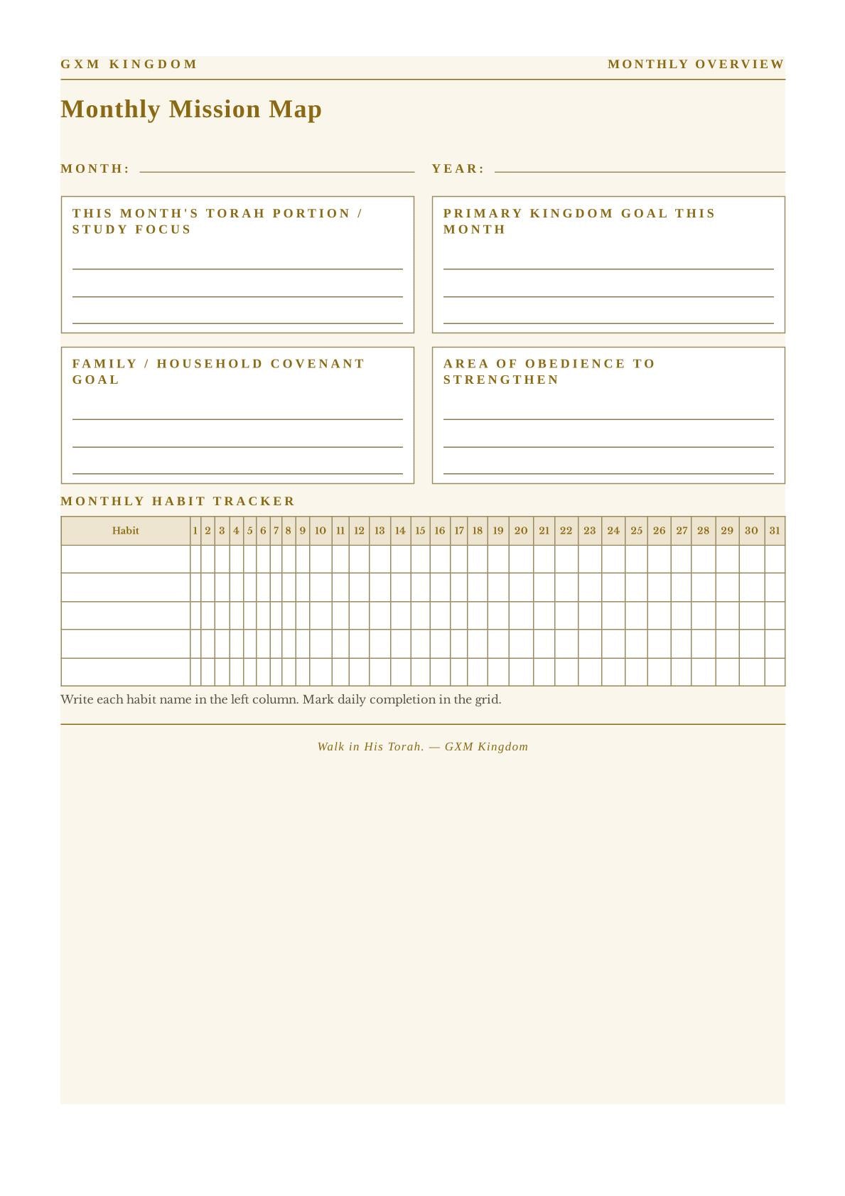 A printable monthly mission map worksheet with labeled boxes for month, year, Torah portion, primary kingdom goal, family household covenant, and area of obedience to strengths, plus a habit tracker grid at the bottom.