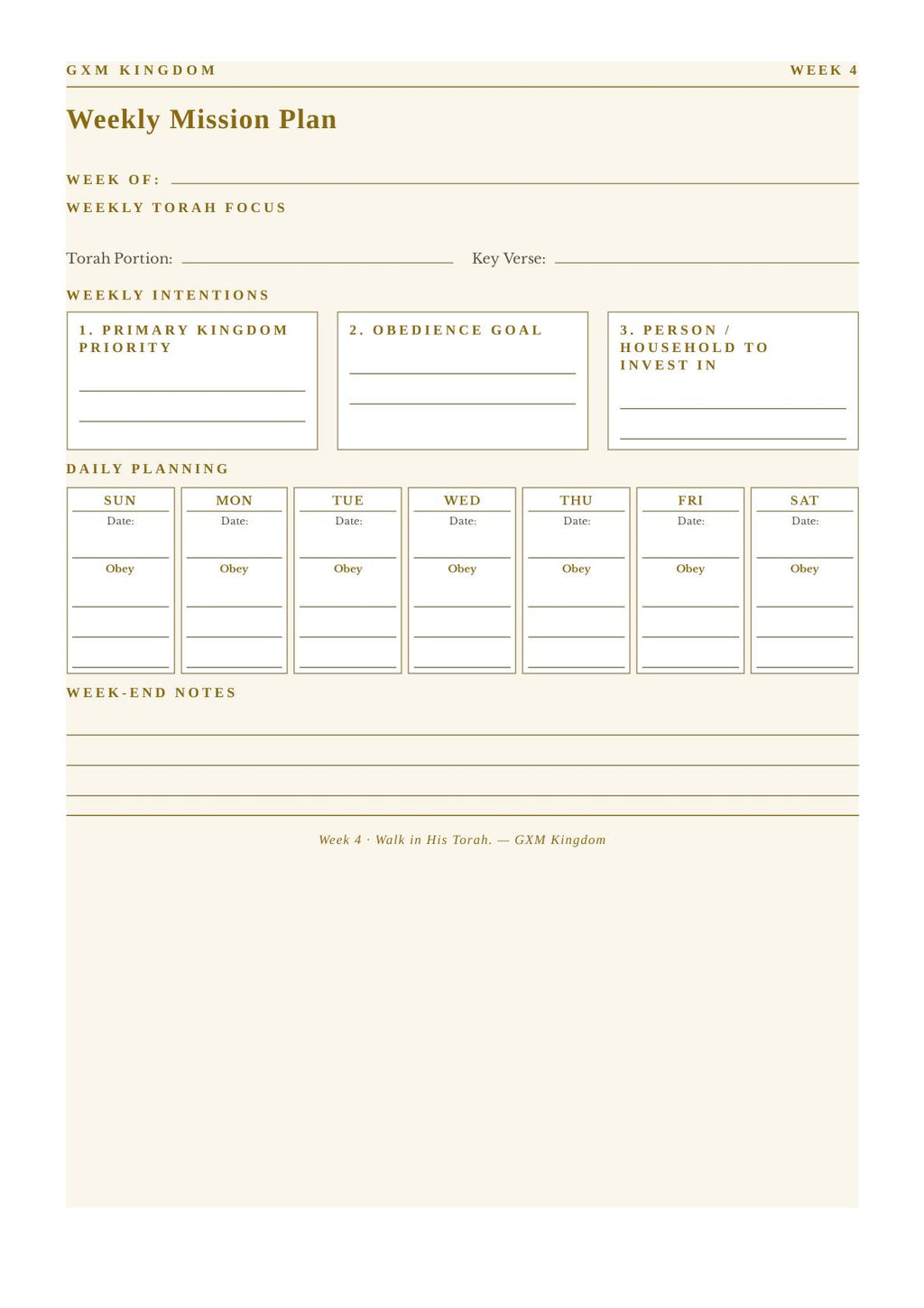 A weekly mission plan worksheet template with labeled boxes for weekly focus, key verse, primary kingdom priority, obedience goal, and person/household to invest in, plus a daily planning grid for the week.