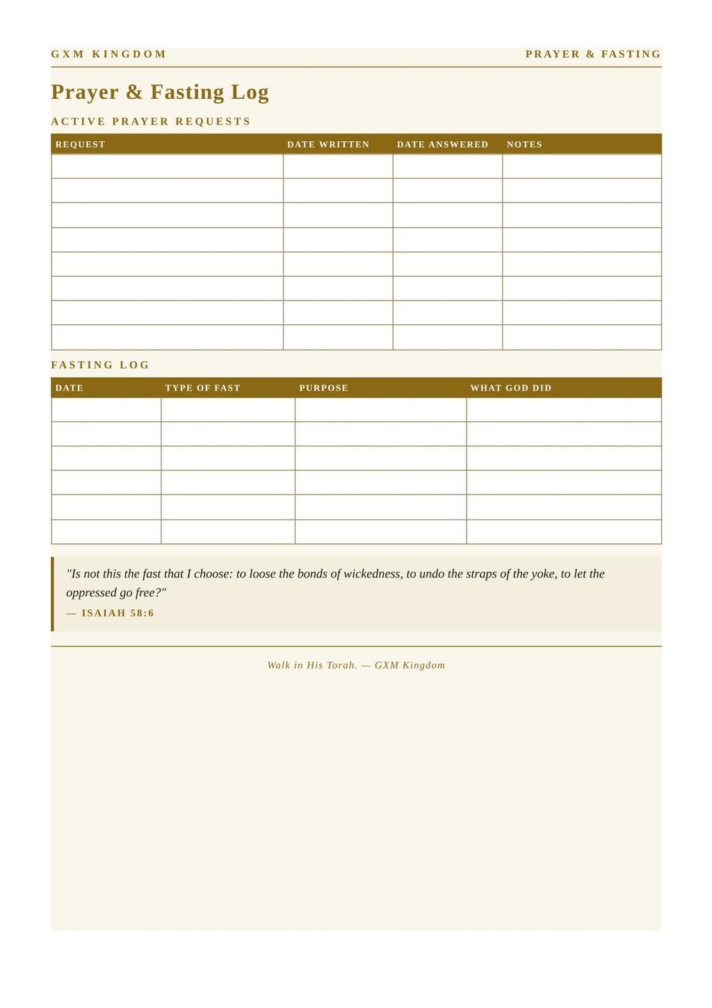 A printable Prayer & Fasting Log sheet from GXM Kingdom, featuring structured tables for recording prayer requests, fasting logs, and a scripture quote on a warm cream and tan background with olive-brown headers.