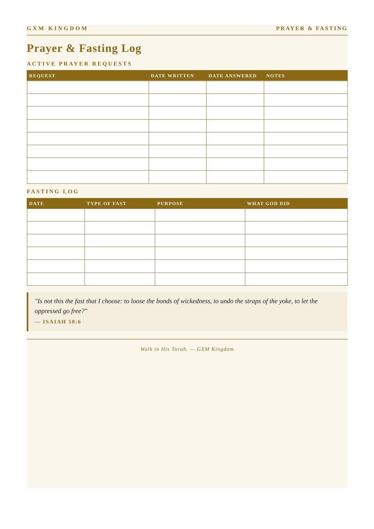 A printable Prayer & Fasting Log sheet from GXM Kingdom, featuring structured tables for recording prayer requests, fasting logs, and a scripture quote on a warm cream and tan background with olive-brown headers.