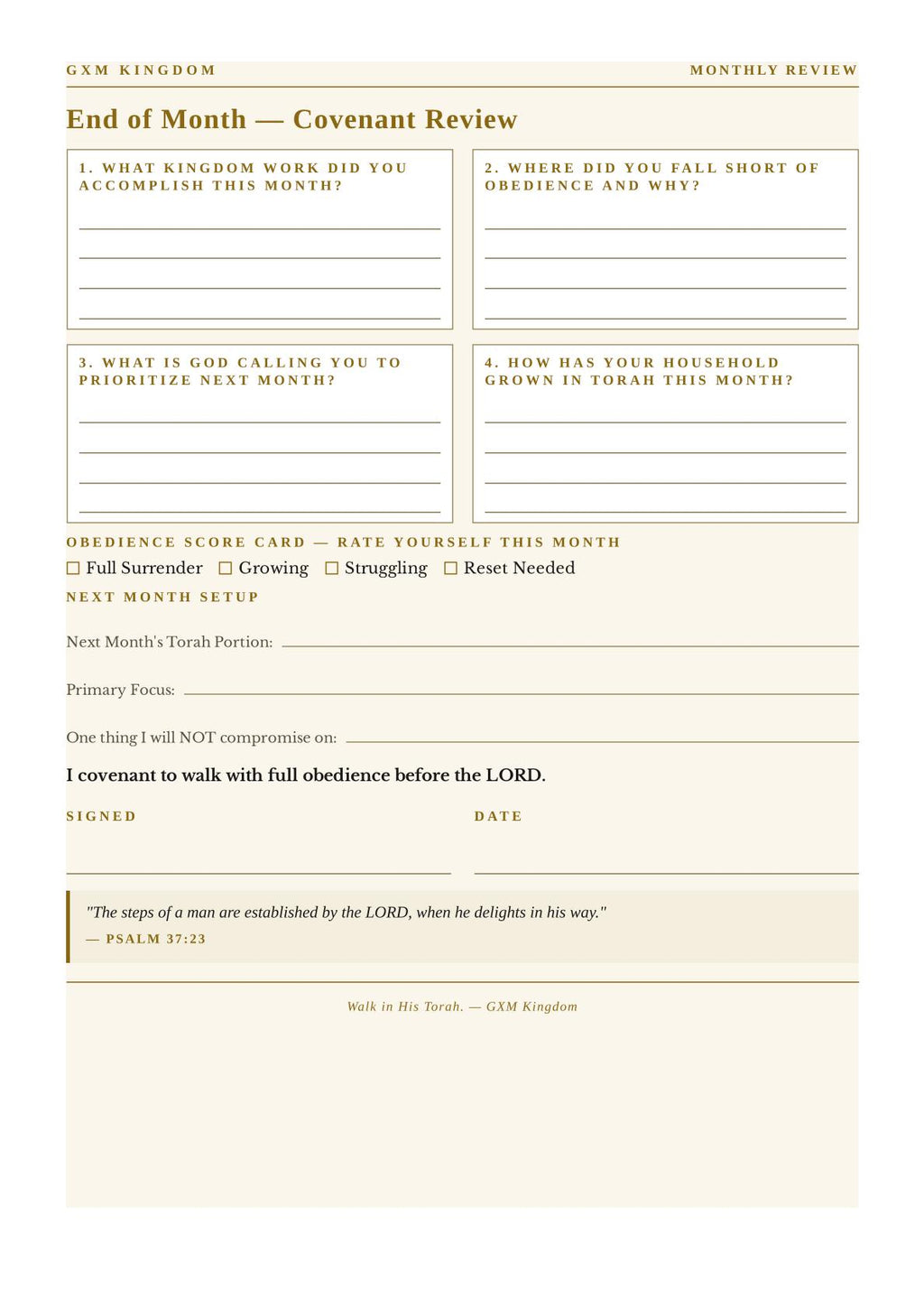 A monthly review worksheet template titled 'End of Month — Covenant Review' from GEM KINGDOM, featuring lined sections for answers, a covenant statement, checkboxes for fulfillment, and a signature area.