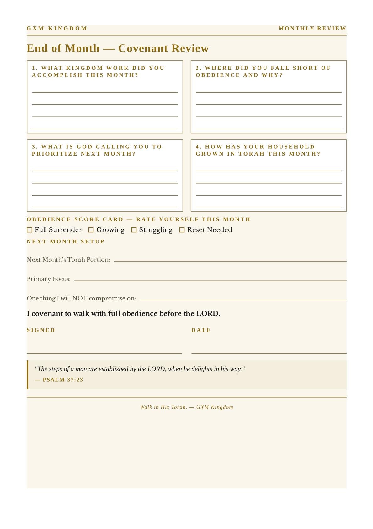 A monthly review worksheet template titled 'End of Month — Covenant Review' from GEM KINGDOM, featuring lined sections for answers, a covenant statement, checkboxes for fulfillment, and a signature area.