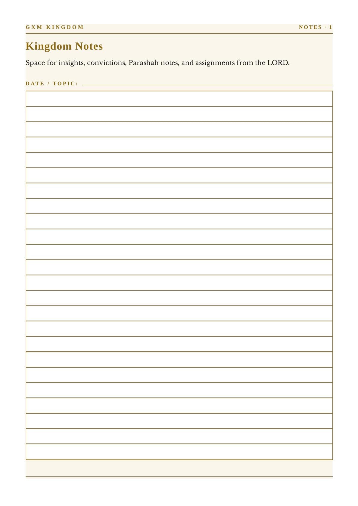 A lined notebook page titled 'Kingdom Notes' with blank horizontal writing lines and small header text at the top, shown on a white background.