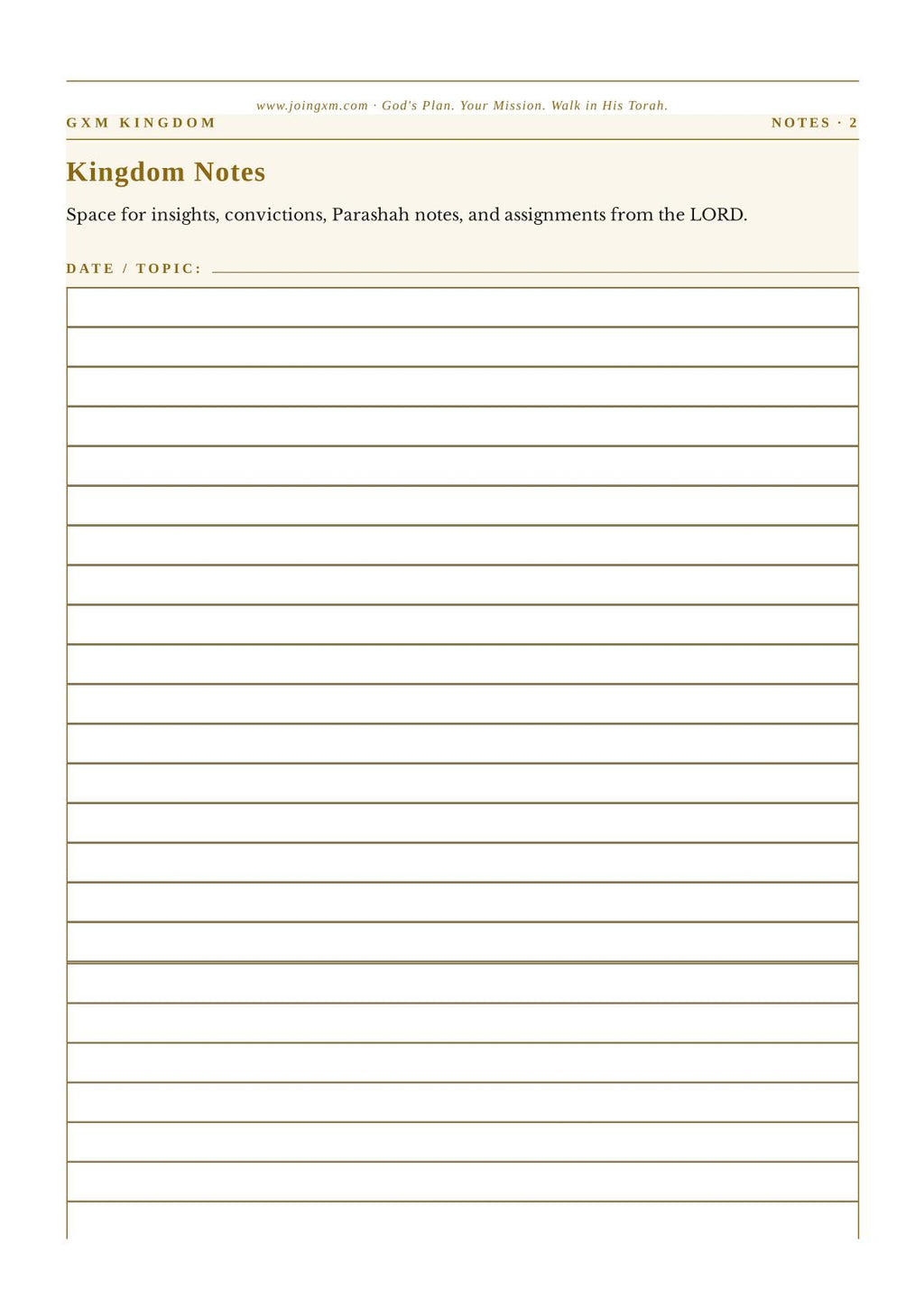 Kingdom Notes printable planner page with lined sections for date, topic, and notes, branded at the top by GXM Kingdom.