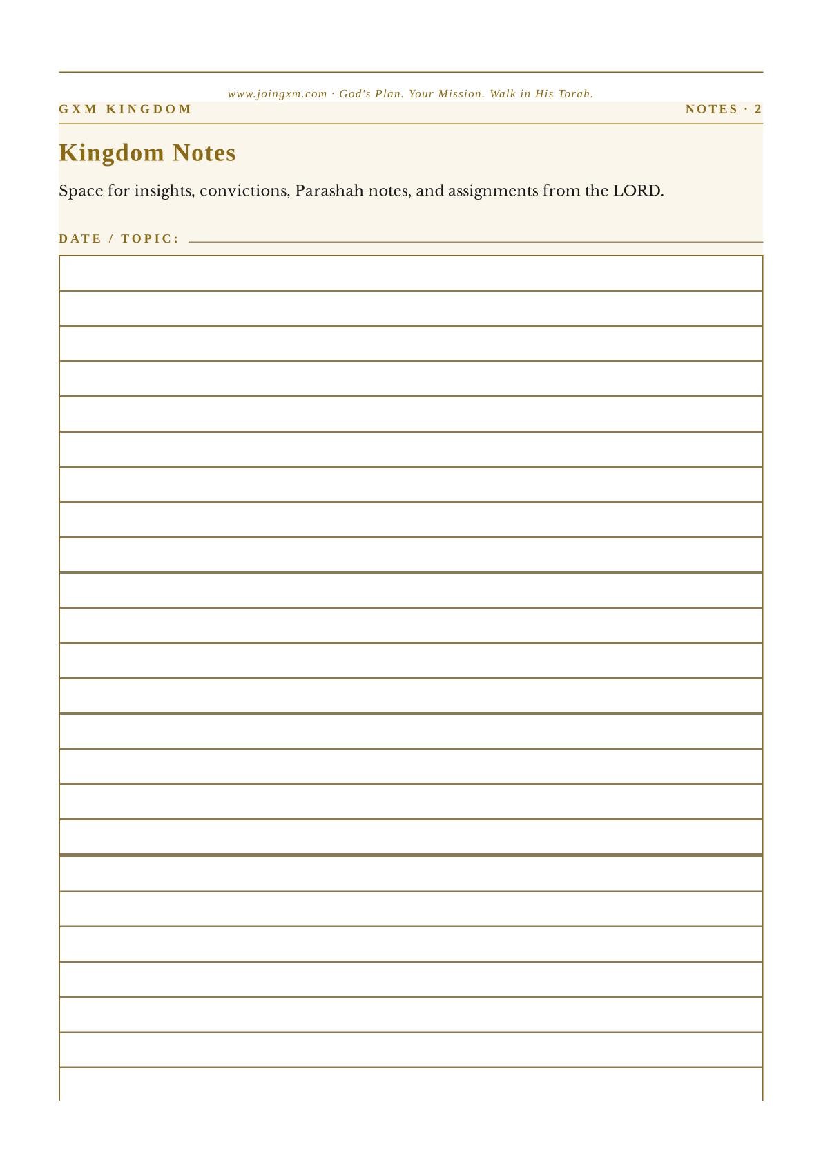 Kingdom Notes printable planner page with lined sections for date, topic, and notes, branded at the top by GXM Kingdom.