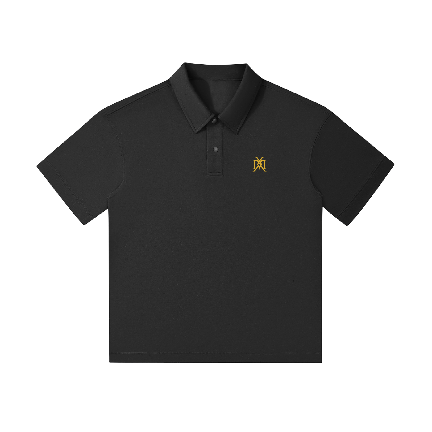 A black short-sleeve polo shirt with a two-button placket and a small gold embroidered 'GXM' logo on the left chest, displayed on a solid white background.