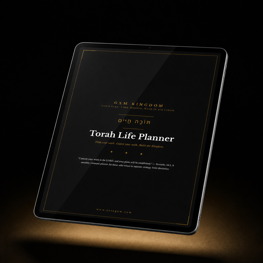 A tablet displaying a black 'Torah Life Planner' cover with gold and white text, set against a dark background with a warm spotlight at the bottom.