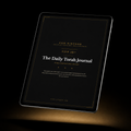 A tablet device displaying a black cover design for 'The Daily Torah Journal' by GXM Kingdom, photographed against a dark background with a warm spotlight at the bottom.