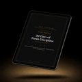 A tablet device angled on a dark surface, displaying a black book or digital cover with gold and white text reading '30 Days of Torah Discipline' and 'Gem Kingdom' at the top.